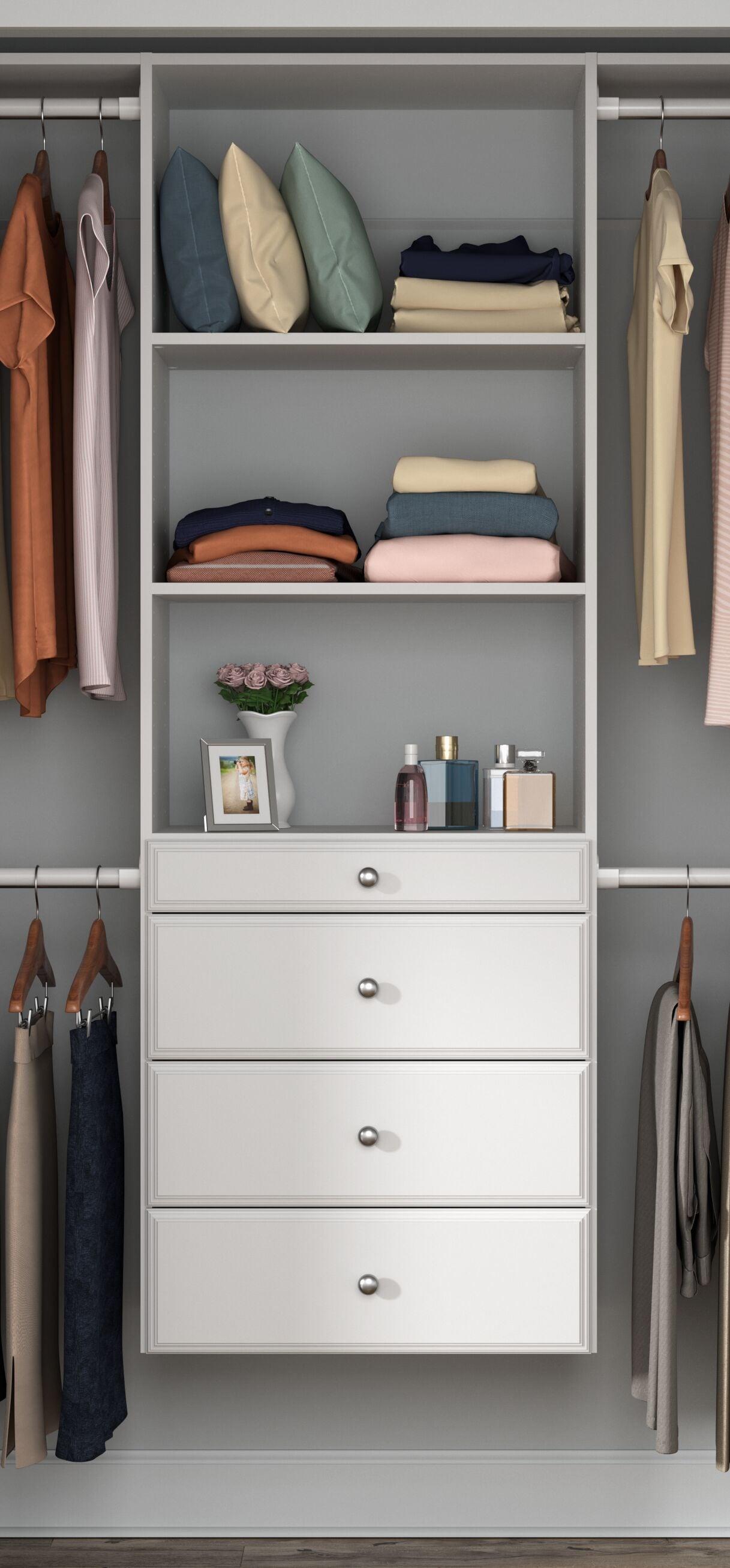 Easy Track Wood Laminate Deluxe Closet Organizer with Shelves and Drawers, White