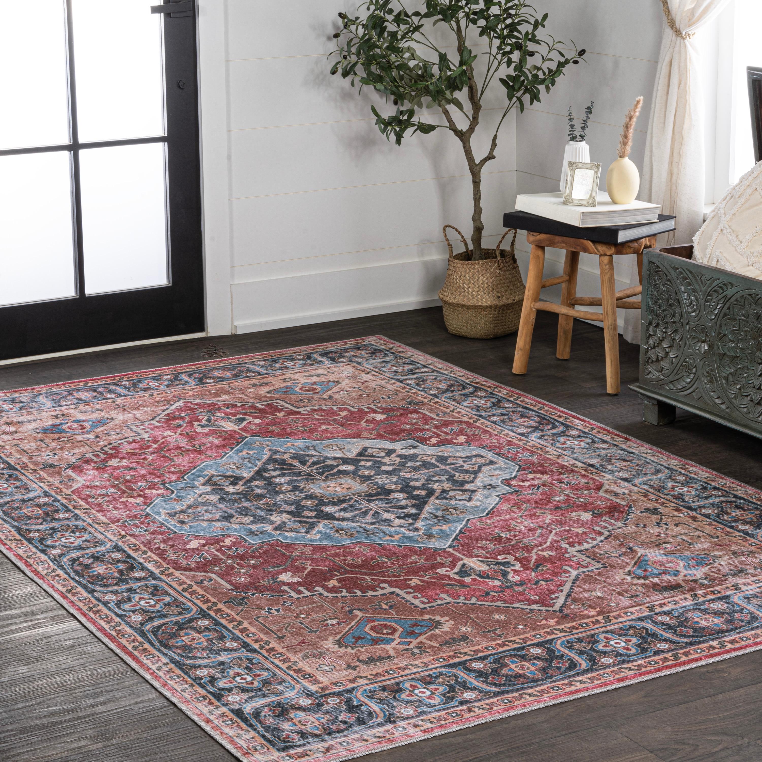 Alacati Ogee Medallion Machine-Washable Red/Blue/Brown 3 ft. x 5 ft. Area Rug - JONATHAN Y
