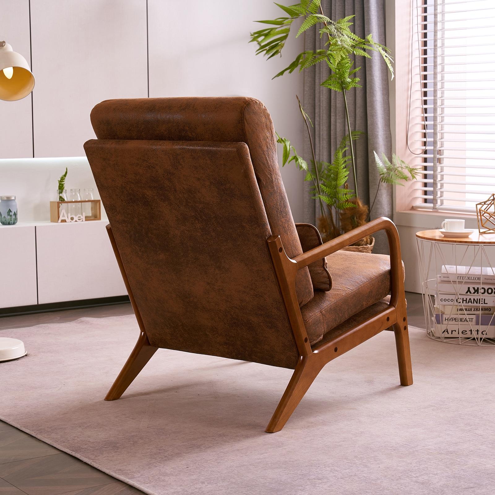 Mid-Century Modern High Back Brown Wood Accent Chair