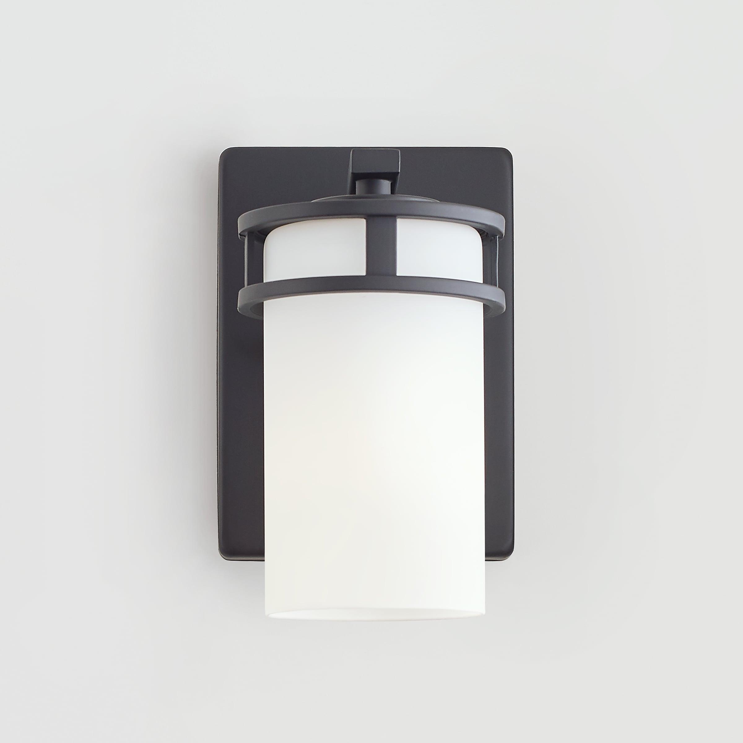 Generation Lighting 4121601-112 Robie Etched/White Glass Cylinder Wall Sconce Lighting Fixture, 1-Light 75 Watt, 8" H x 5" W, Midnight Black