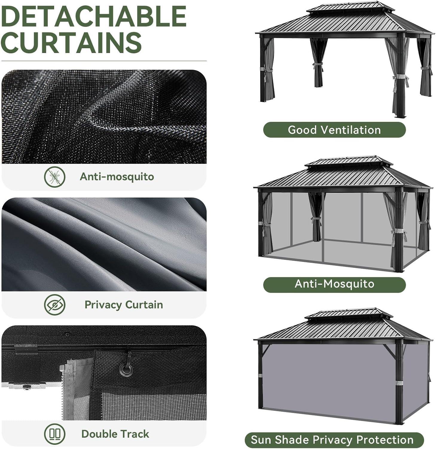 Kozyard Kozyard Alexander Gray Double Roof Hardtop Gazebo with Privacy Curtain Mosquito Netting