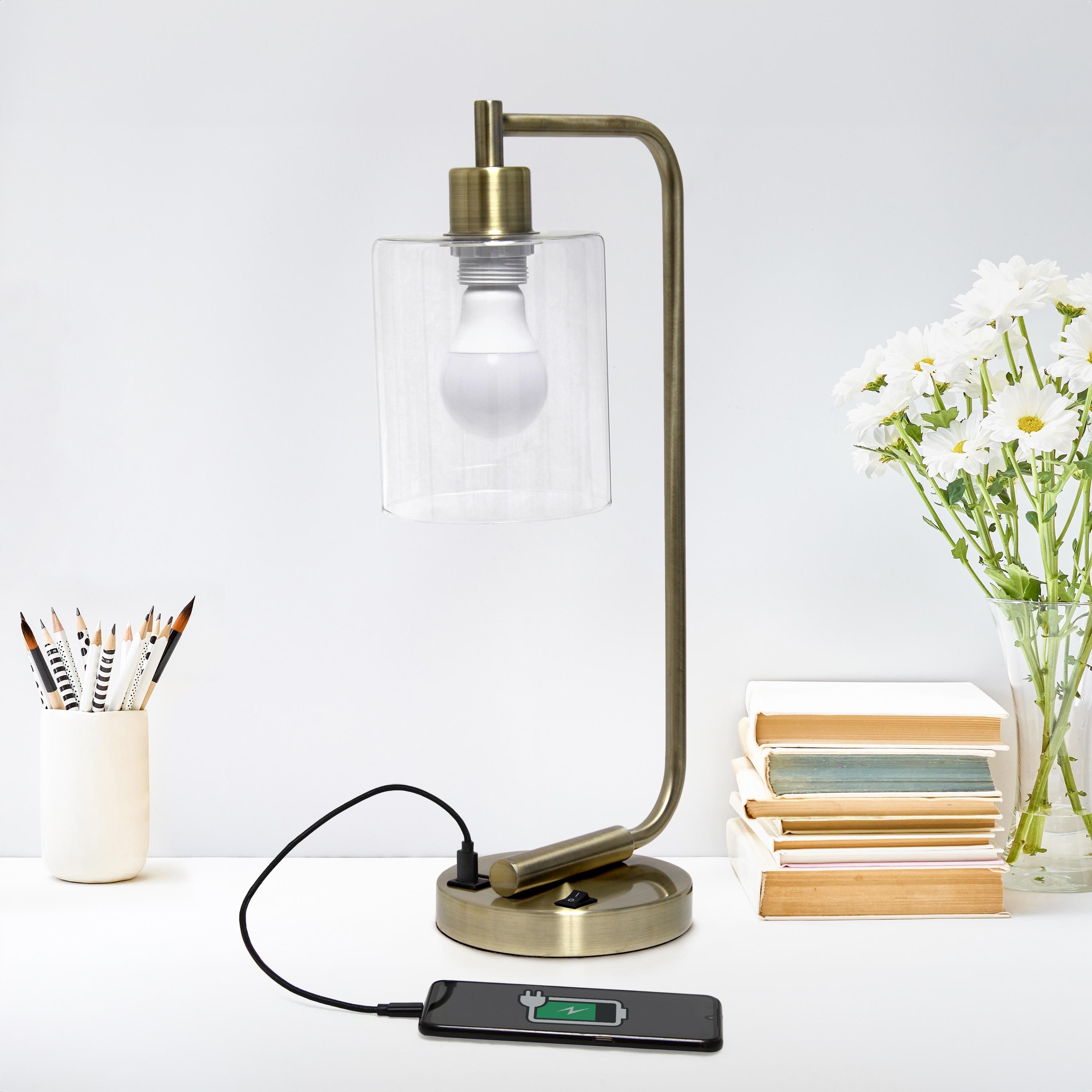 Modern Iron Desk Lamp with USB Port and Glass Shade Antique Brass Finish - Lalia Home: ETL Listed, No Assembly, Edison Bulb Compatible