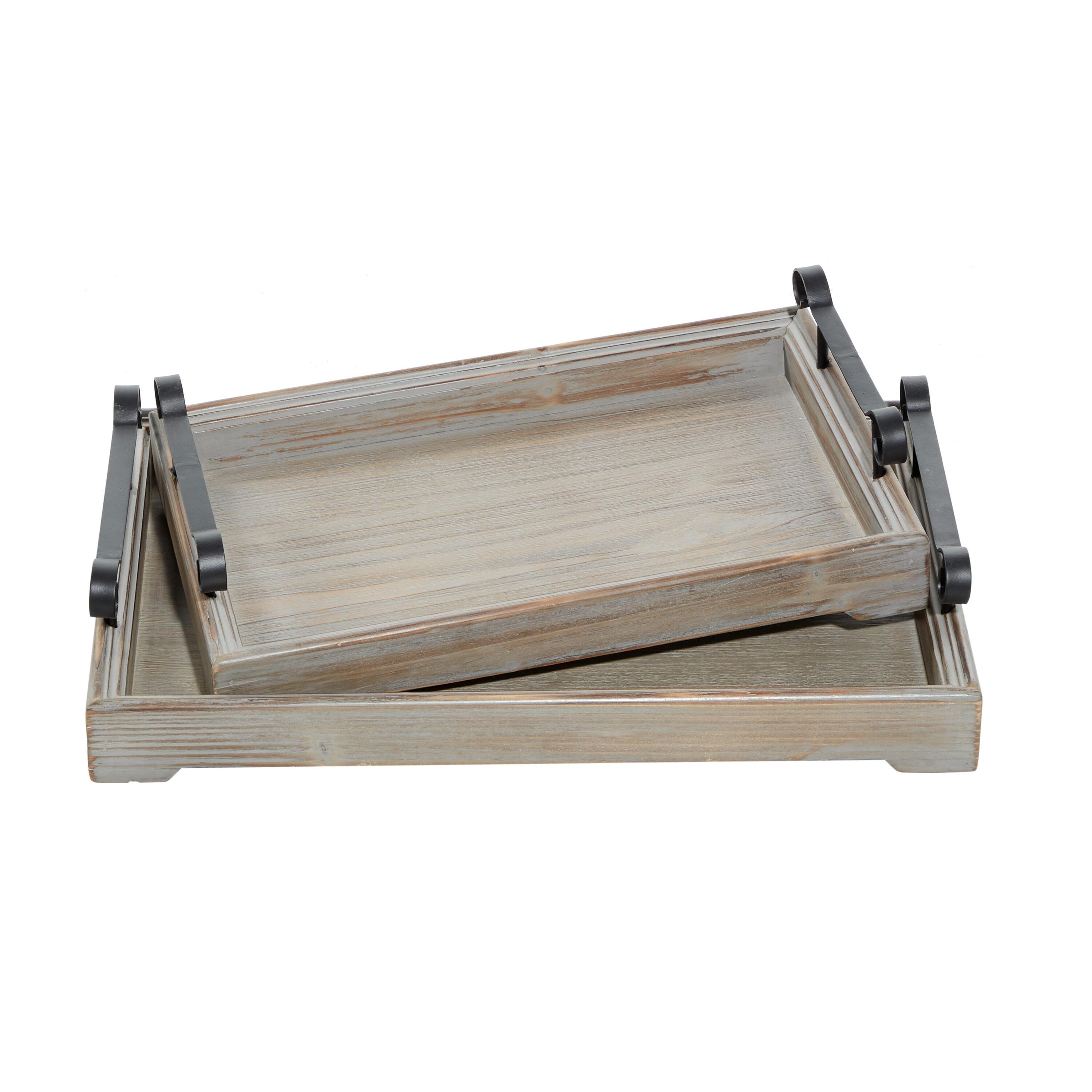 DecMode 20", 17"W Beige Wood  Tray with Metal Handles, 2-Pieces
