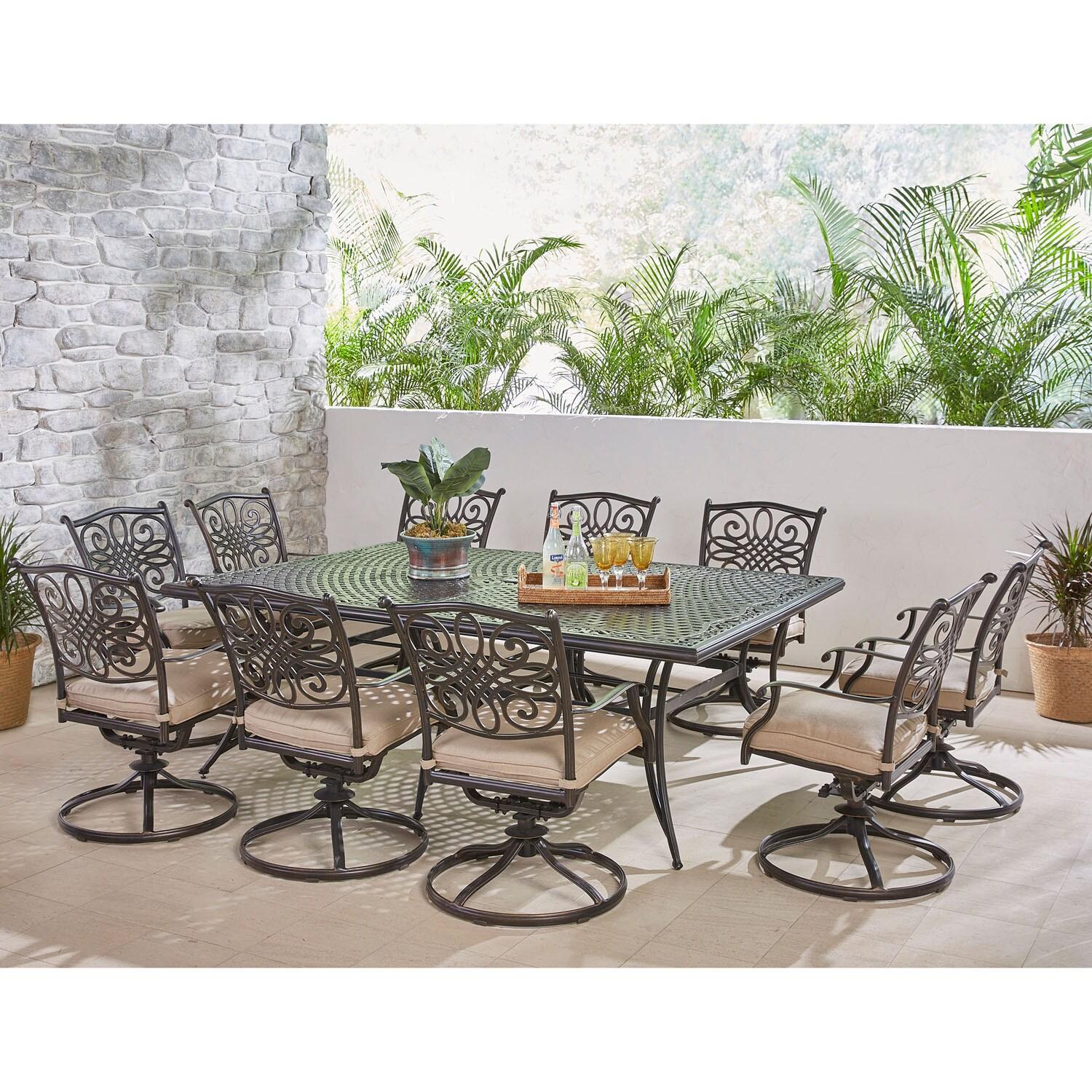 Hanover Traditions 11-Piece Outdoor Patio Dining Set with Tan Cushions, 10 Swivel Rockers and Aluminum Rectangular Dining Table, TRADDN11PCSW10