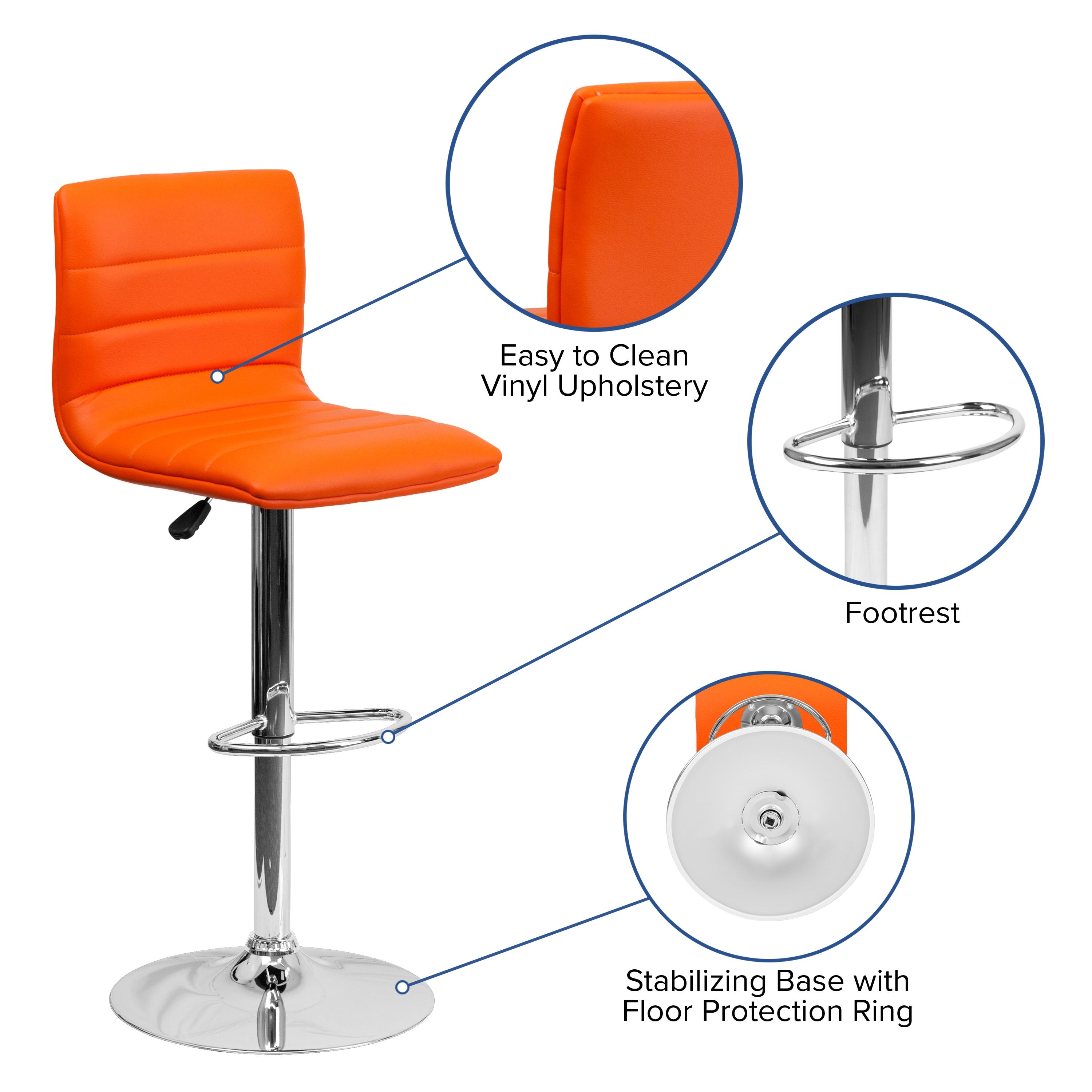 Flash Furniture Modern Orange Vinyl Adjustable Bar Stool with Back, Counter Height Swivel Stool with Chrome Pedestal Base