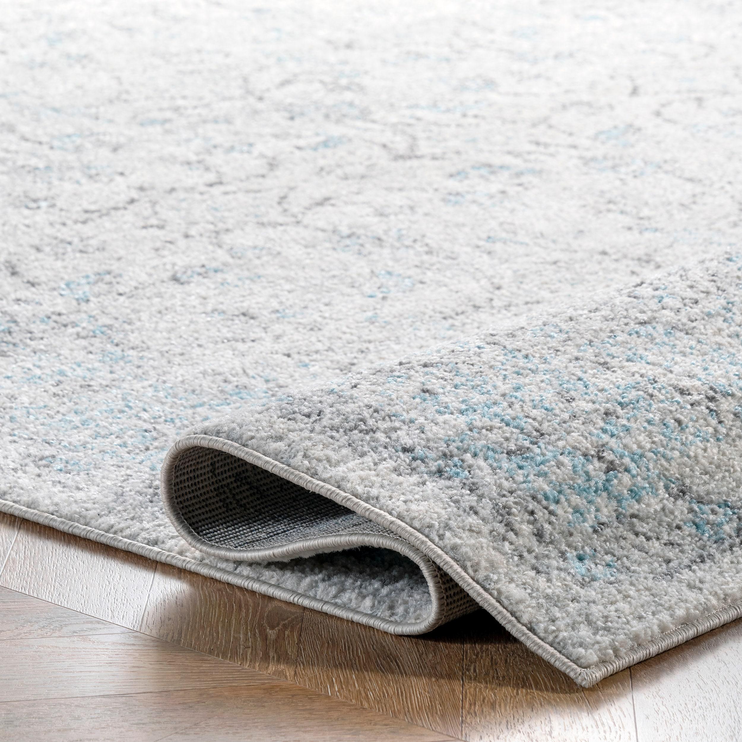 Aqua and Gray Floral Synthetic Reversible Runner Rug, 2' x 6'