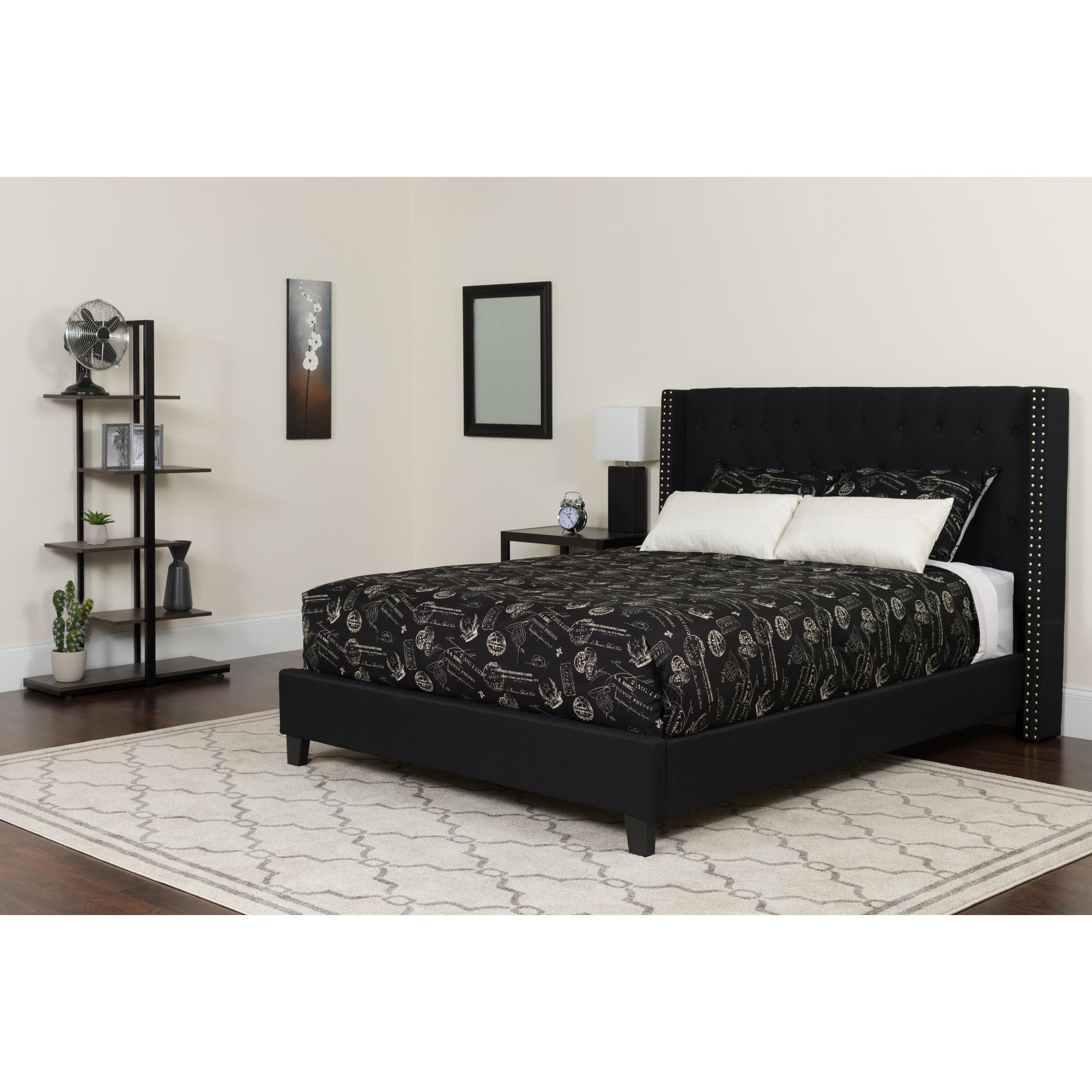 Luxurious King Size Black Platform Bed with Tufted Upholstery and Nailhead Trim