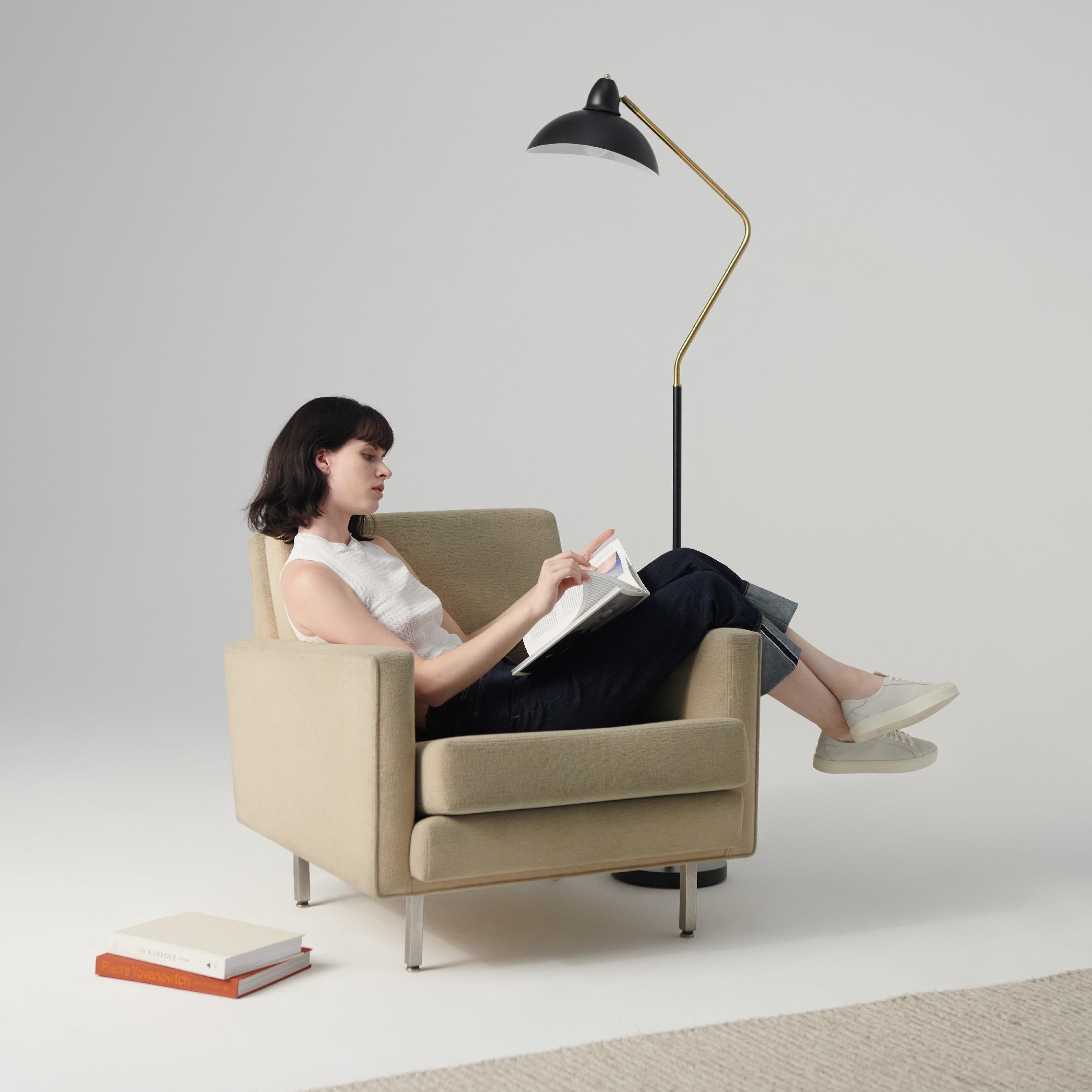 Brightech Swoop 69 in. Mid Century Modern Adjustable Curved Black Standing Lamp with Metal Bowl Shade and Gold Finish - LED Bulb Included