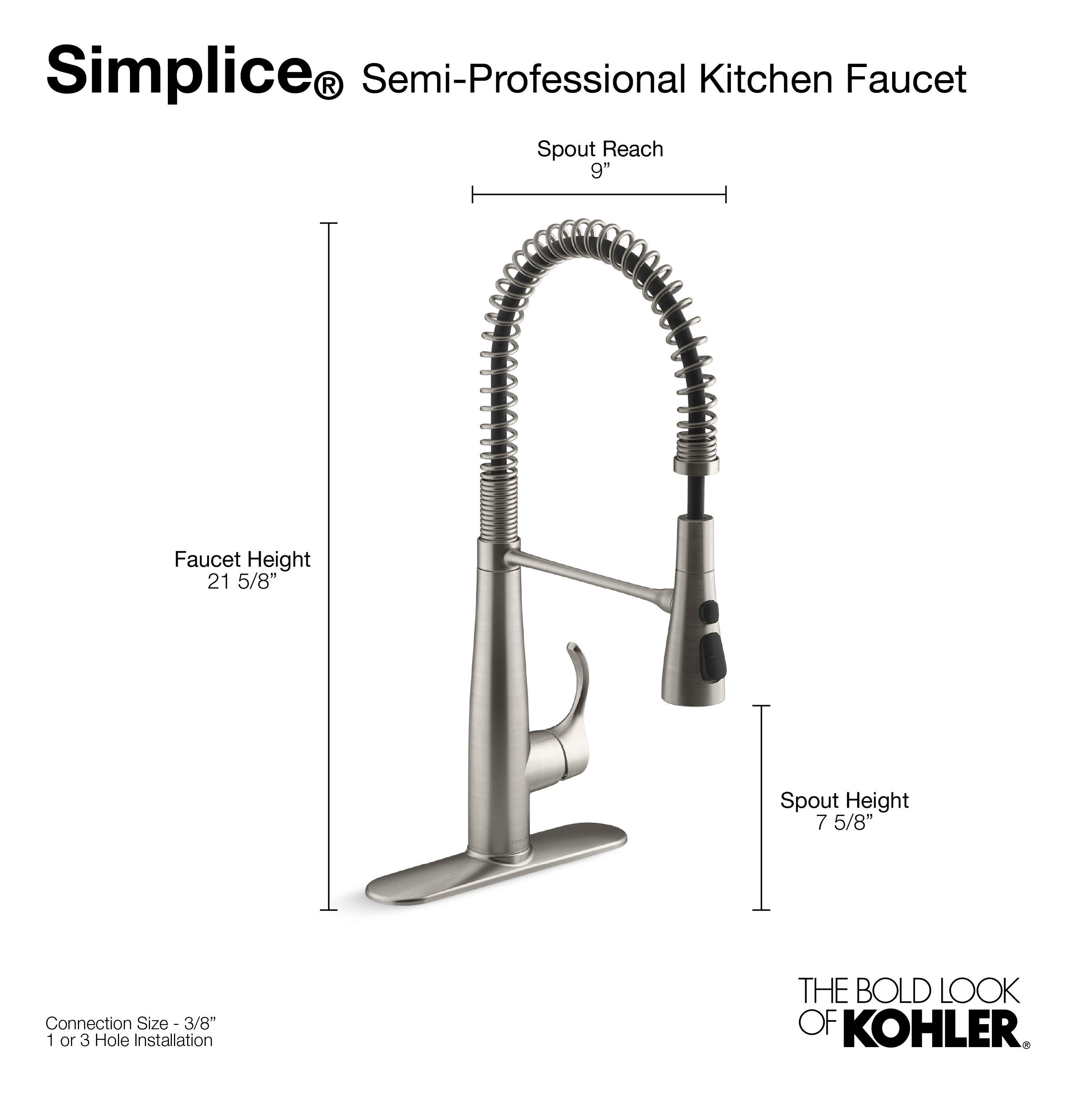 Kohler Simplice Single Handle Semi-Professional Pre-Rinse Kitchen Sink Faucet with Three-Function Pull Down Sprayer