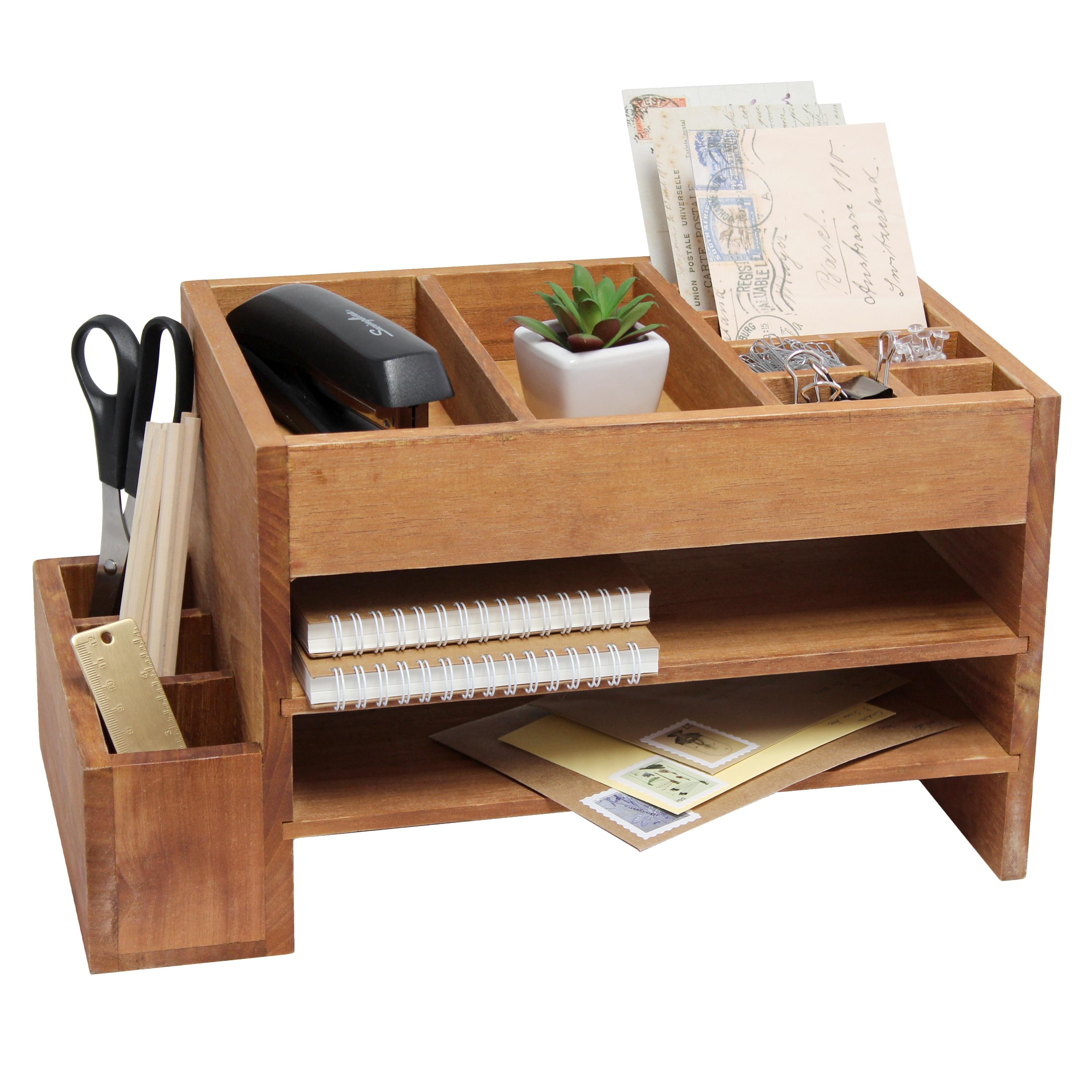 Elegant Designs 15.5" Home Office Tiered Desk Organizer with Storage Cubbies, Letter Tray, Natural Wood