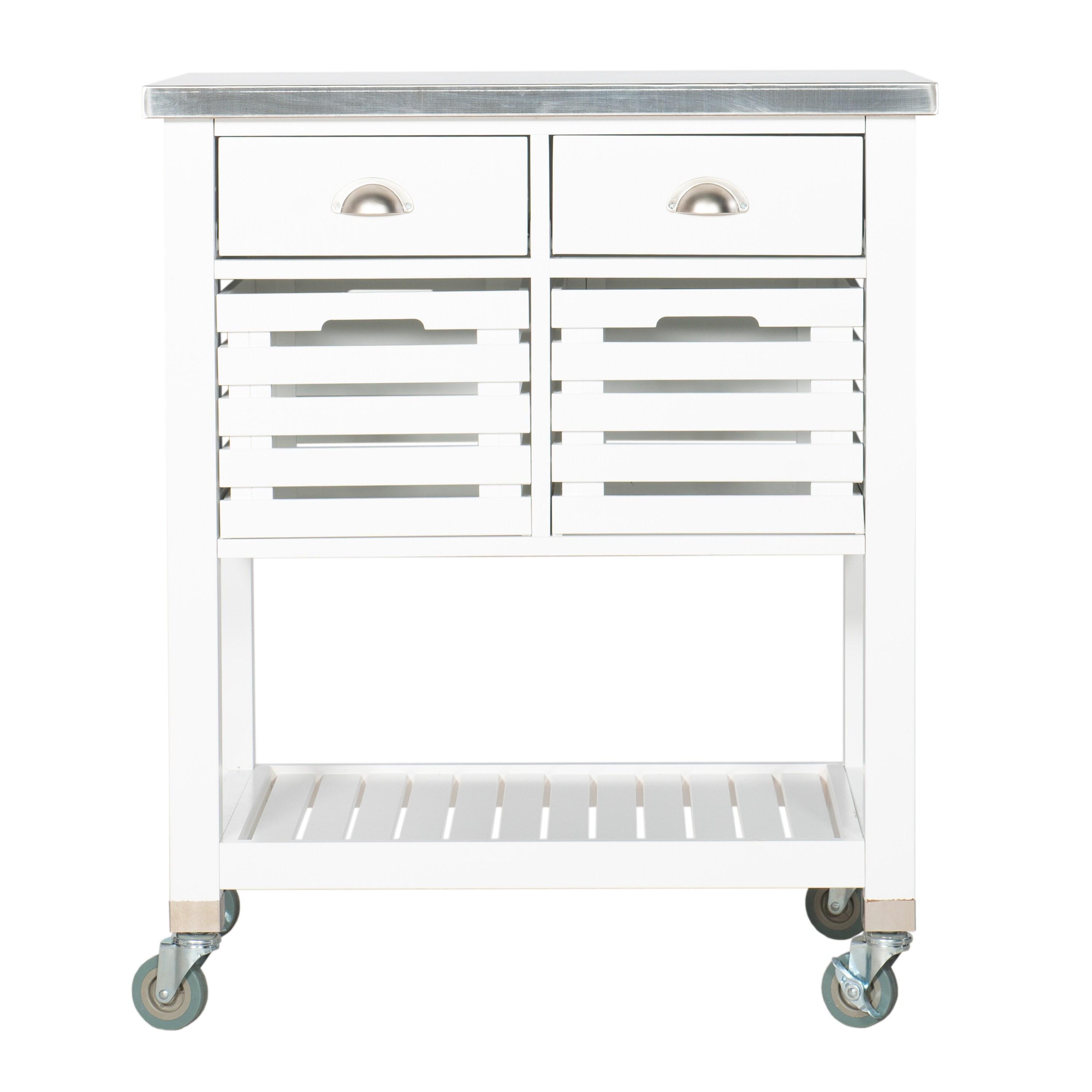Robbin White Wood Kitchen Cart: Stainless Steel Top, Storage on Wheels - Linon