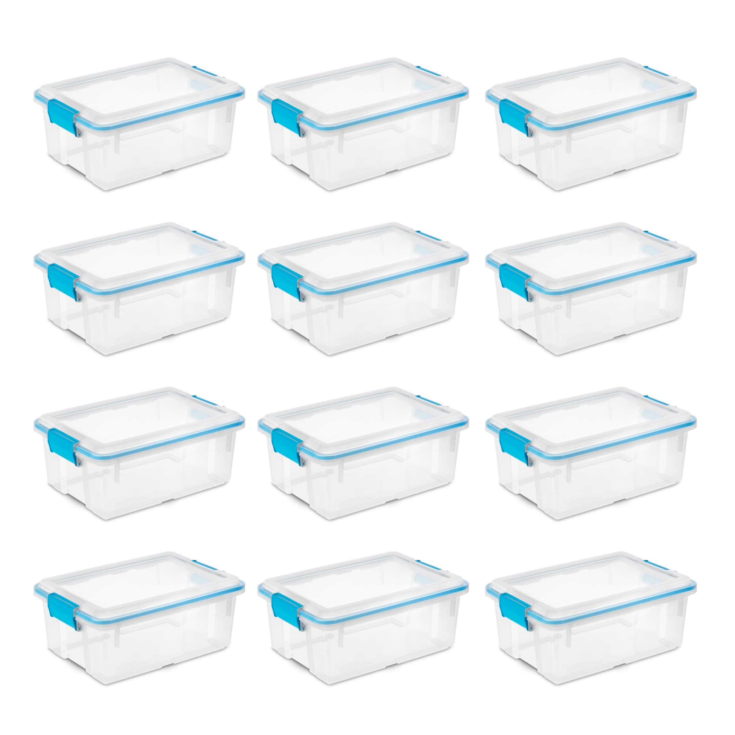 Sterilite 12 Qt Gasket Box, Stackable Storage Bin with Latching Lid and Tight Seal Plastic Container to Organize Basement, Clear Base and Lid, 12-Pack