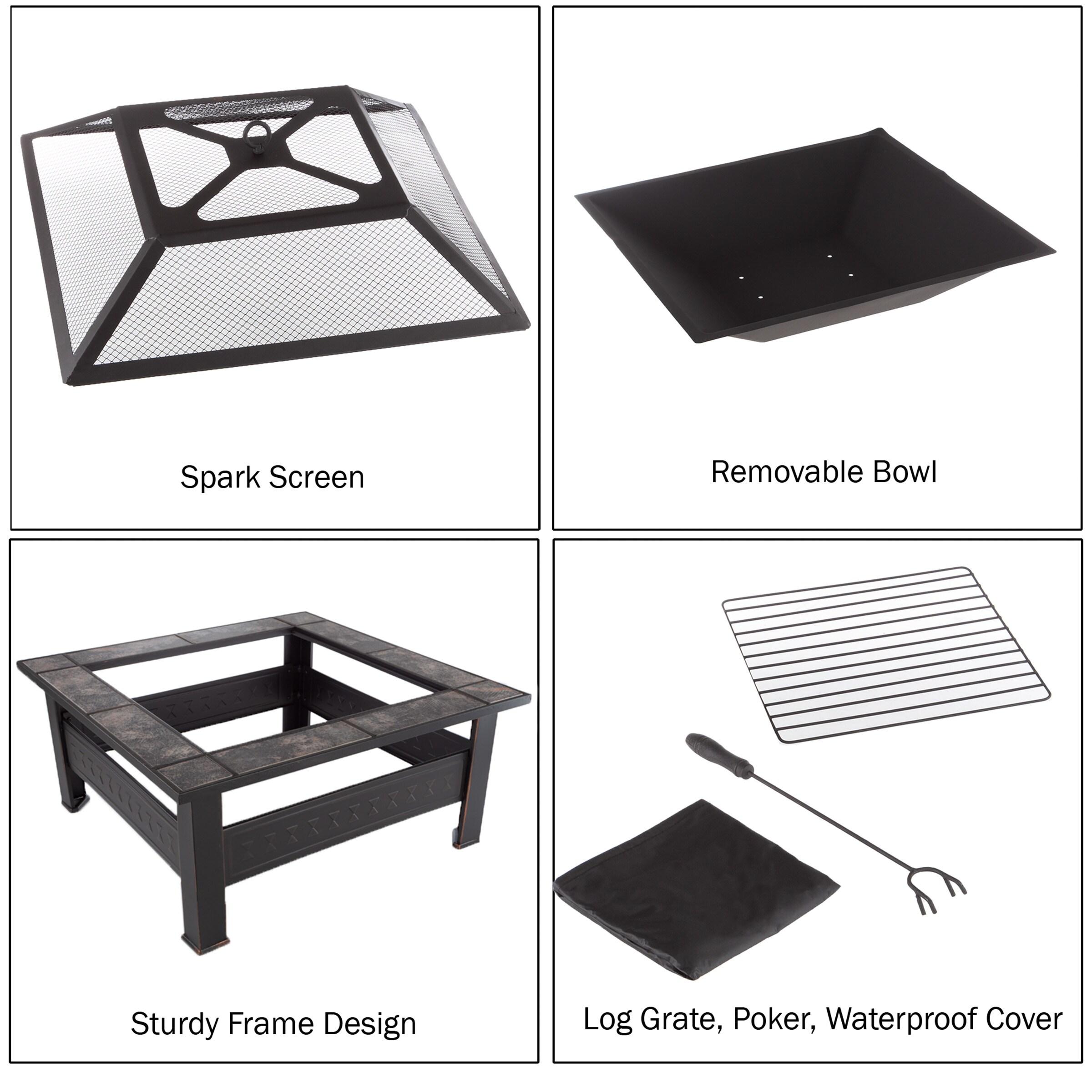 Nature Spring 32" Square Outdoor Fire Pit - Bronze Finish, Black/Orange Tiles