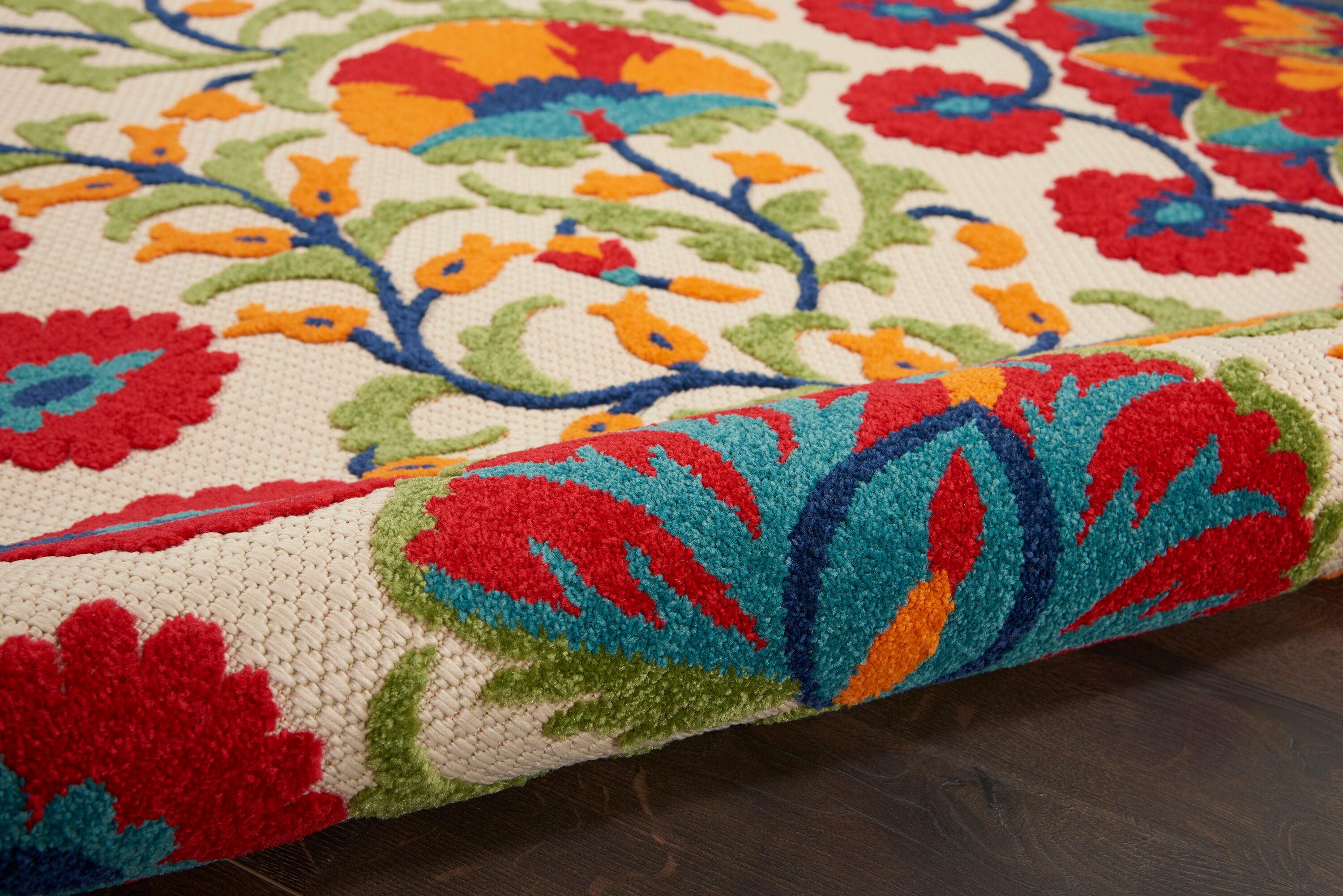 Nourison Aloha Floral Easy Care Flatweave High-Low Indoor Outdoor Area Rug Red/Multi 7' x 10'