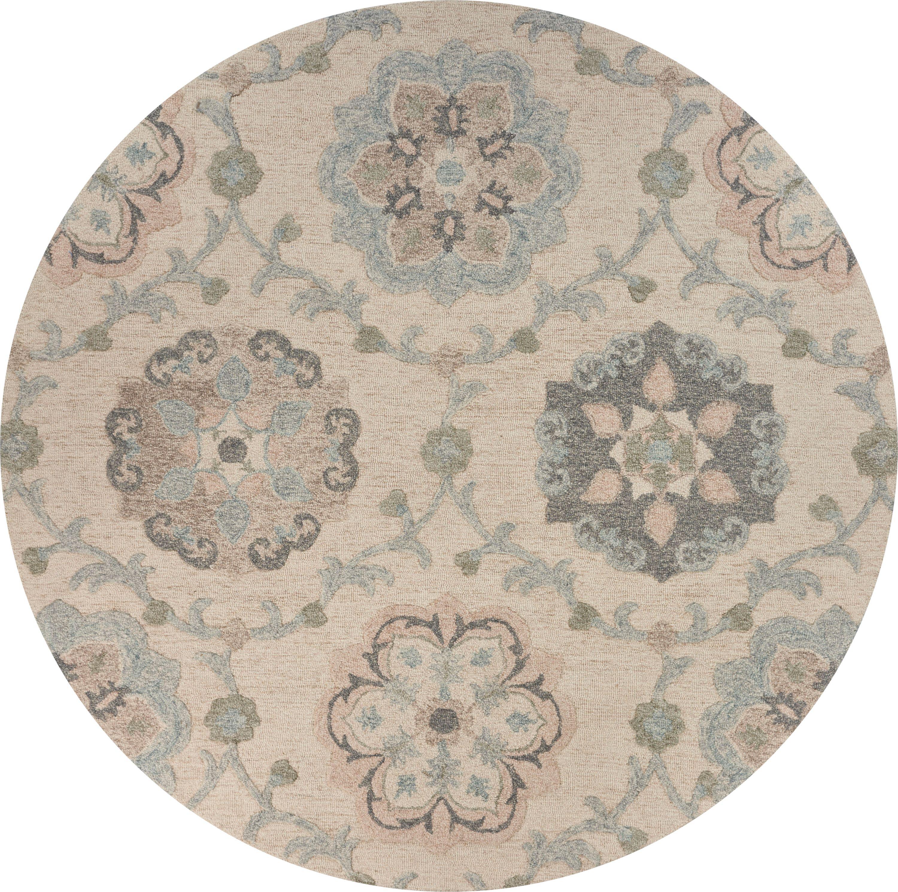 LR Home Aiden 7'3" Round Ivory and Blue Floral Wool Indoor Area Rug