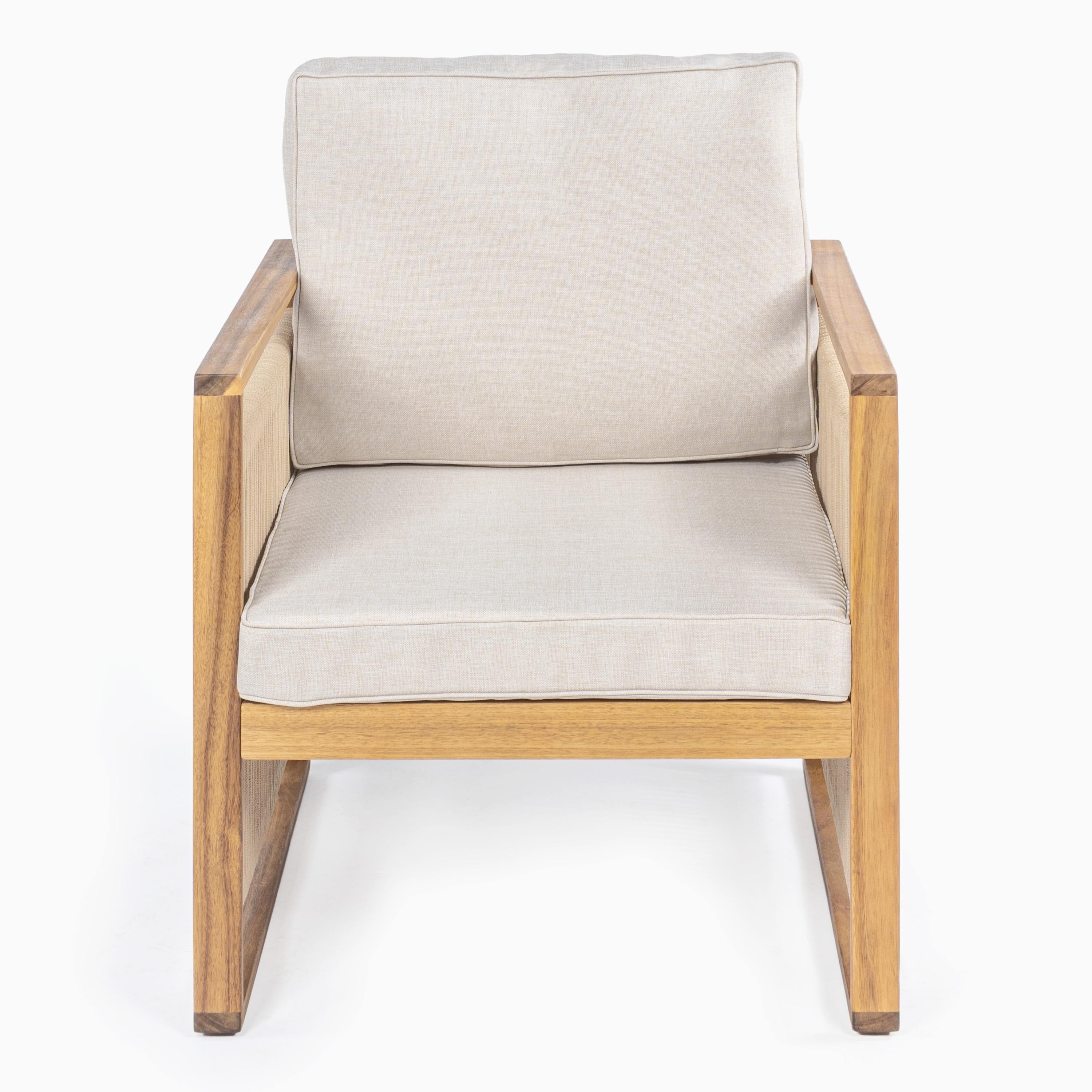 Gable Mid-Century Modern Roped Acacia Wood Outdoor Patio Chair with Cushions, Beige/Light Teak (Set of 2) - JONATHAN Y