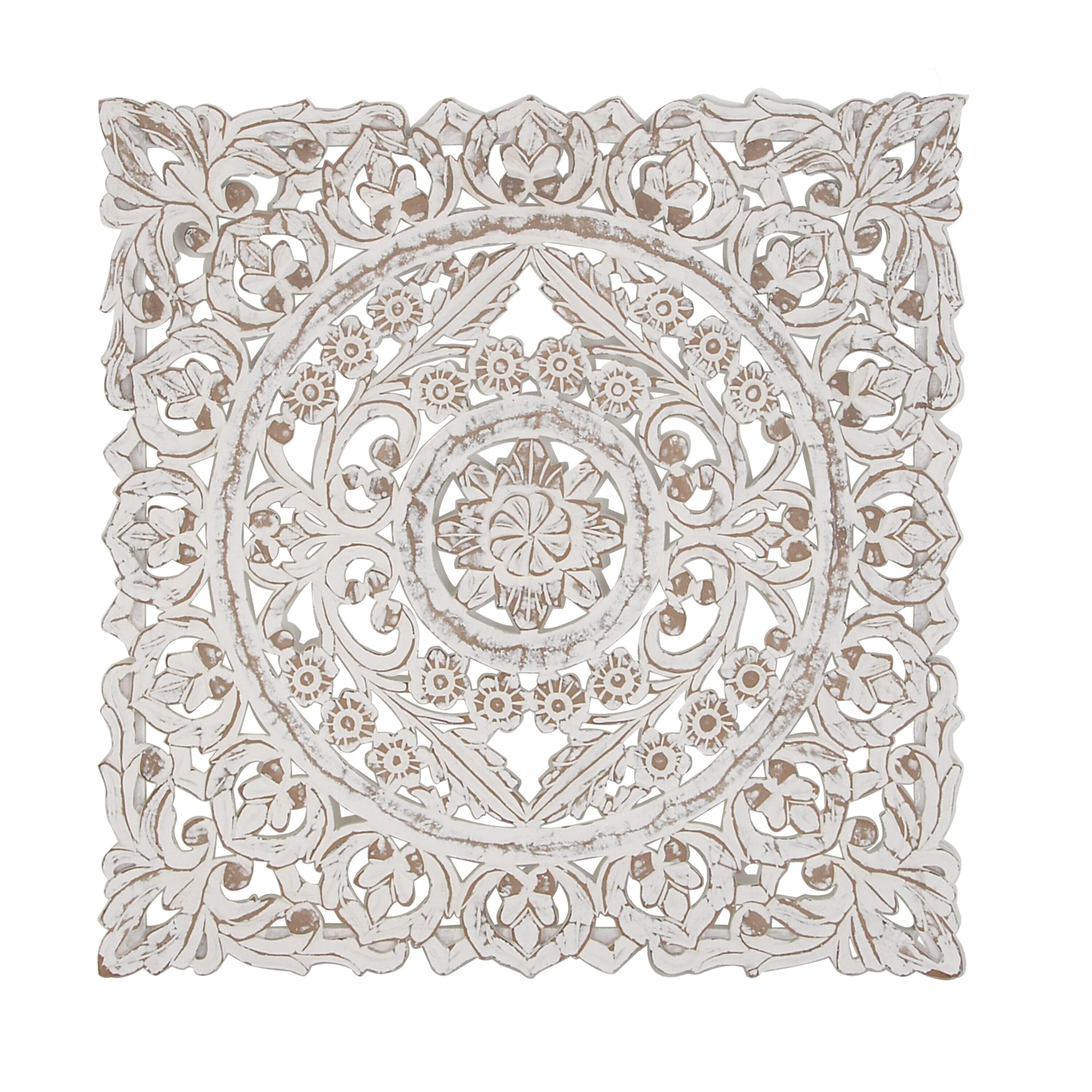 DecMode Traditional Wood Square White Handmade Wall Décor with Carved Mandala Design, 36"W x 36"H