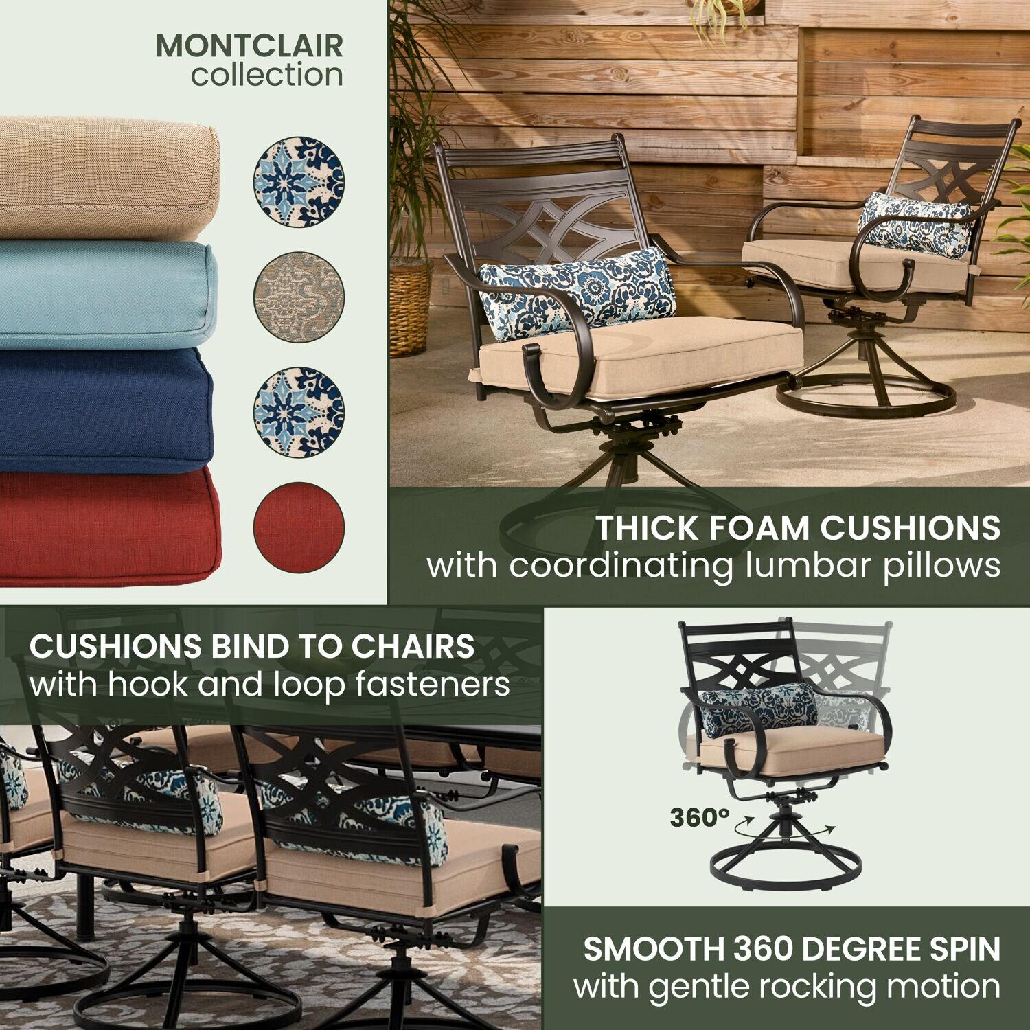 Hanover Montclair 9-Piece All-Weather Outdoor Patio Dining Set, 8 Swivel Rocker Chairs with Comfortable Seat and Lumbar Cushions, 84"x42" Stamped Rectangle Table, MCLRDN9PCSW8-TAN