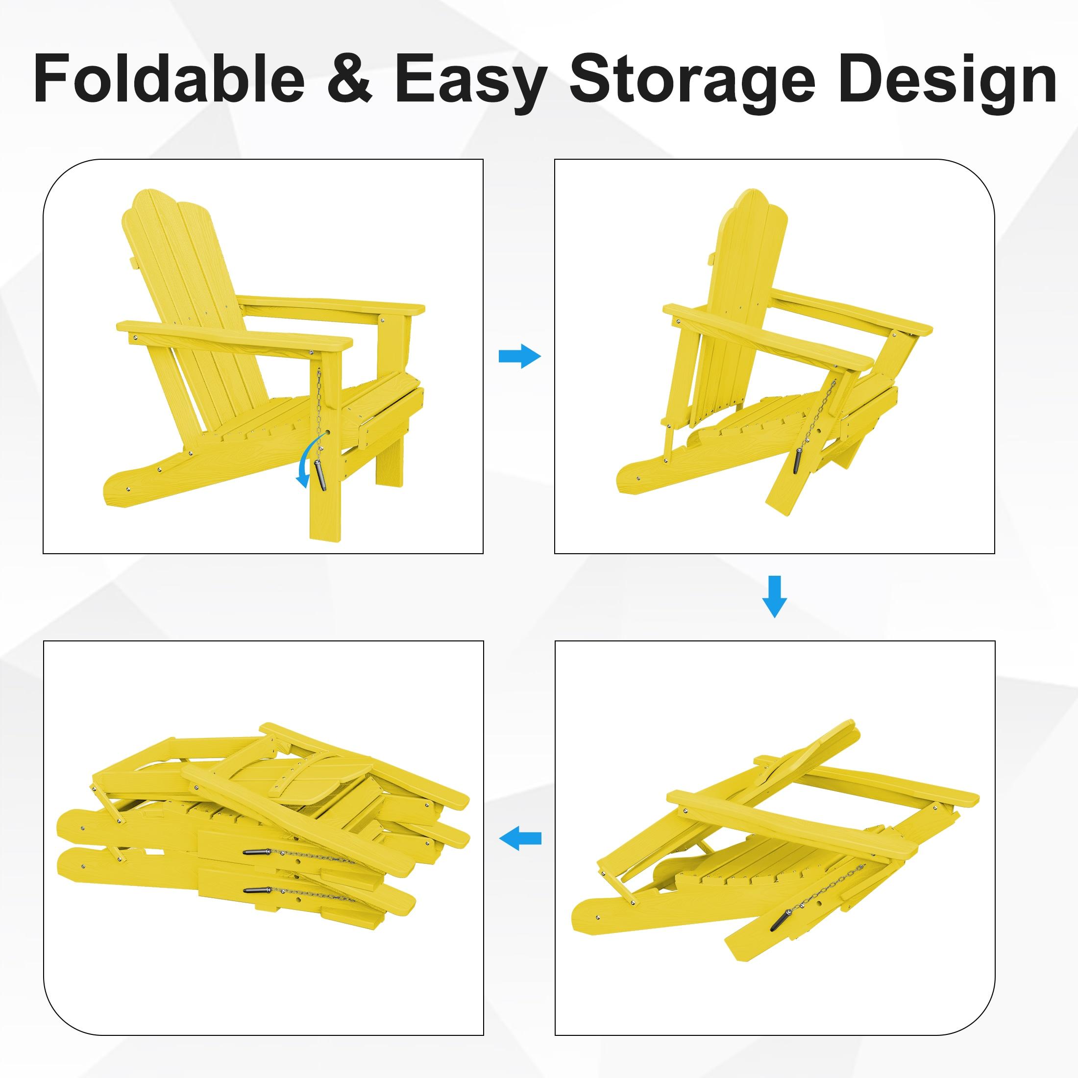 KINGYES Folding Adirondack Chair Set of 2, HDPE All-Weather Folding Adirondack Chair, Yellow