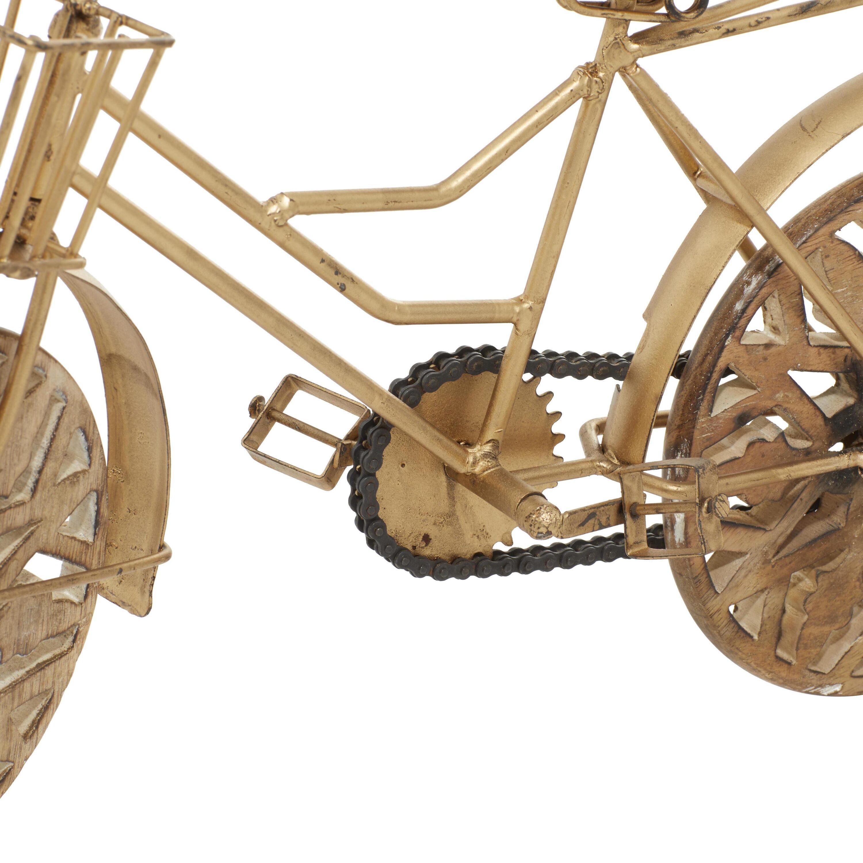19" x 12" Gold Metal Bike Sculpture with Carved Wood Wheels, by DecMode
