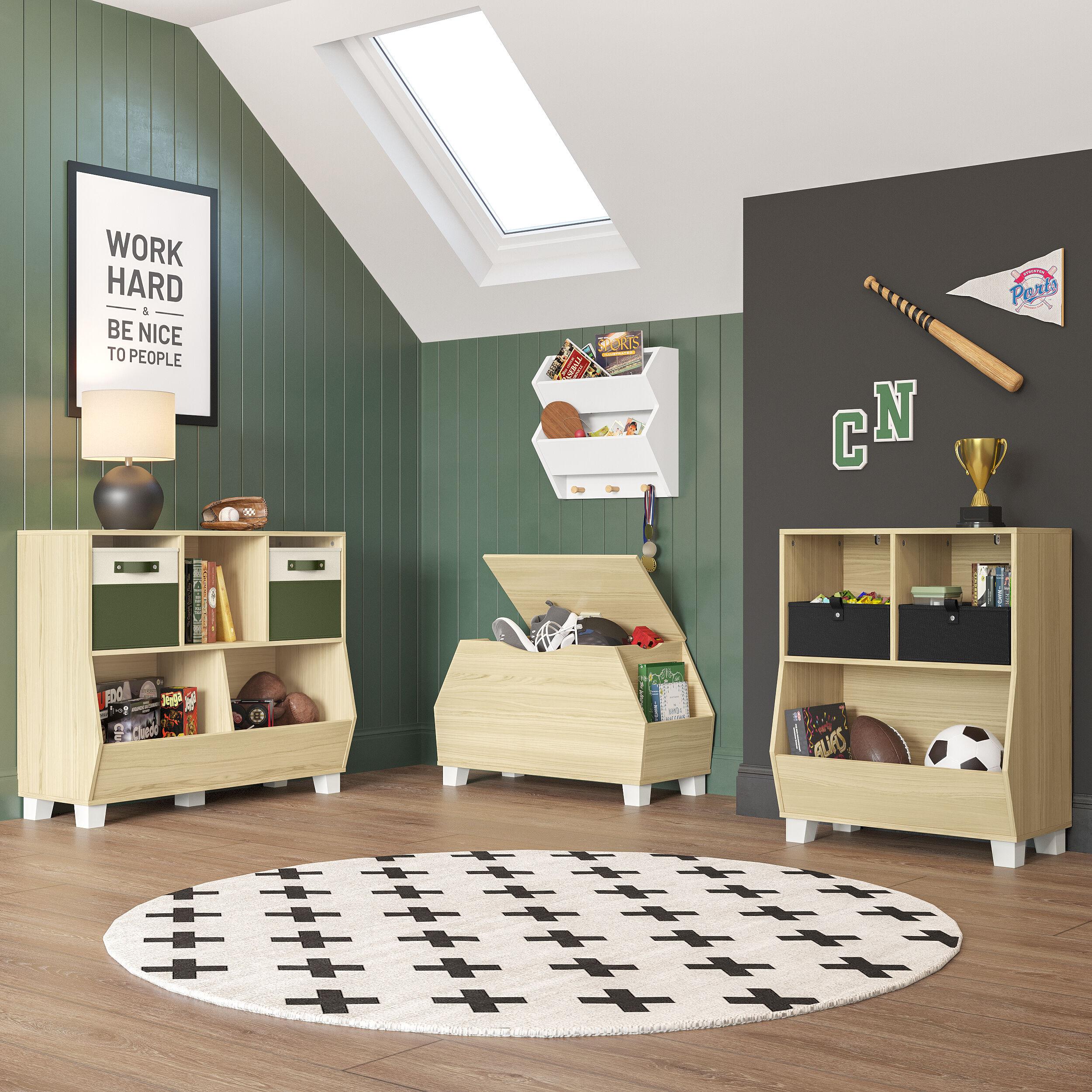 RiverRidge Kids Playroom Catch-All Game and Toy Storage Organizer Box with Side Bookshelves