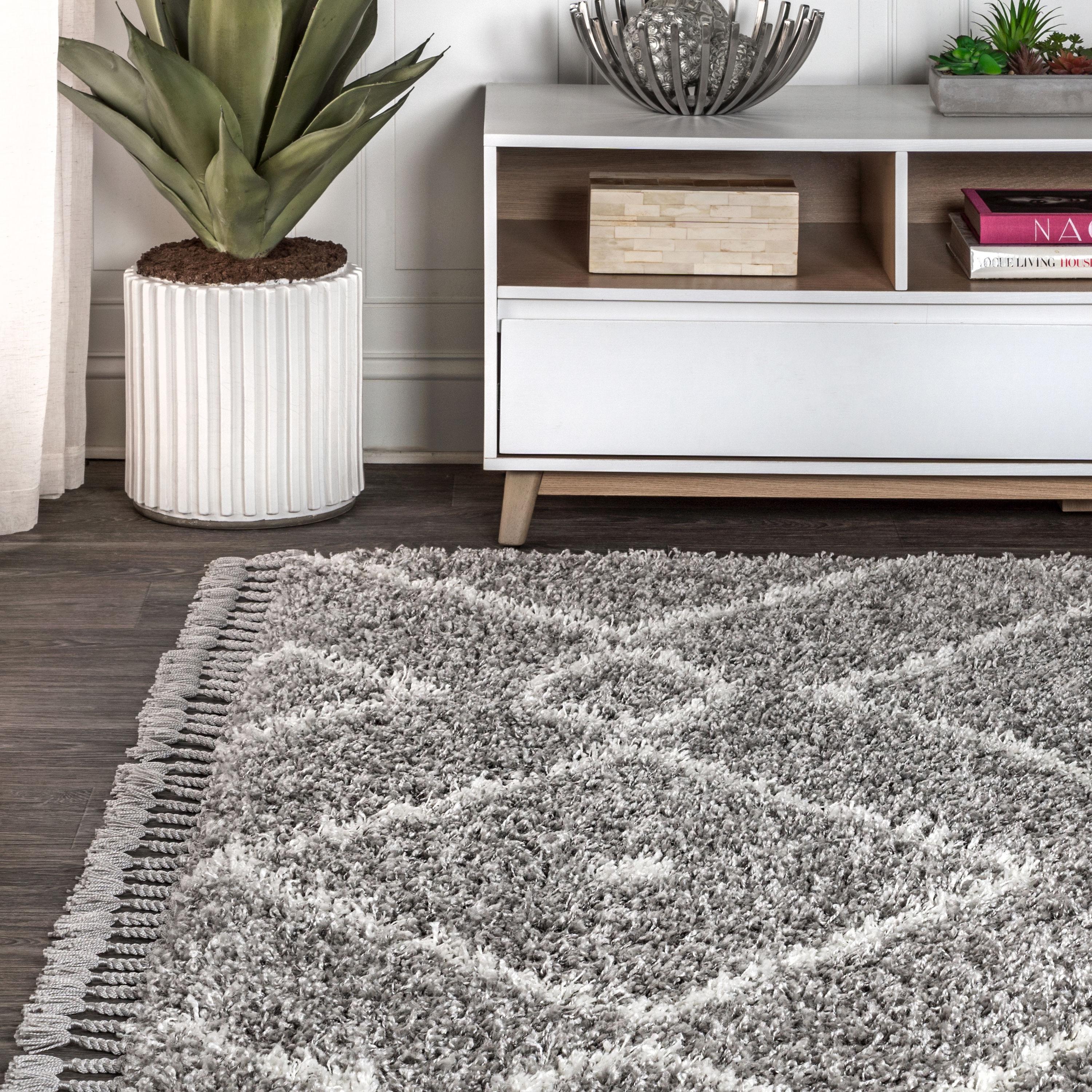 3'x5' Mercer Shag Plush Tassel Moroccan Diamond Area Rug, Grey/Cream - JONATHAN Y