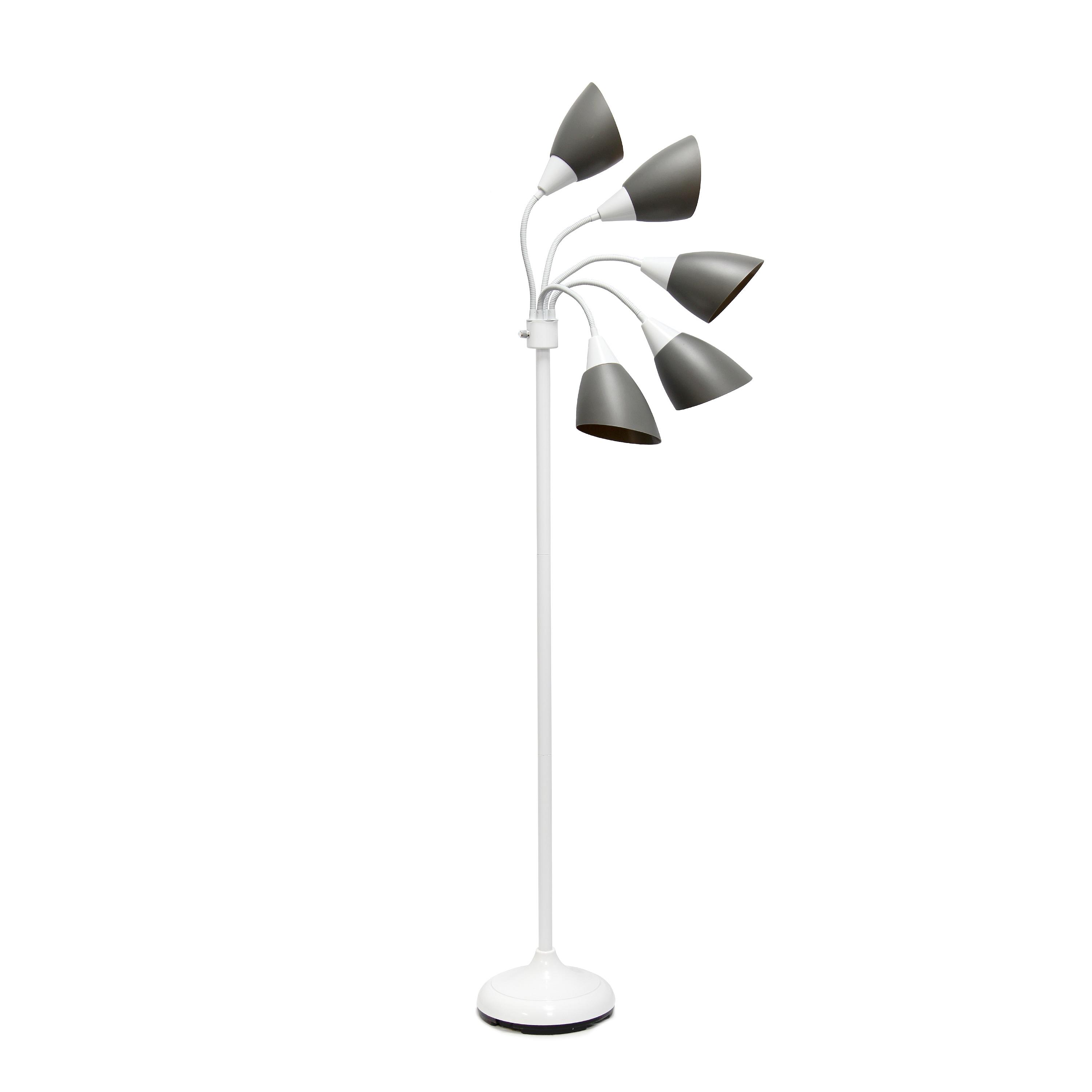 Simple Designs 67" Contemporary Multi 5-Head Adjustable Gooseneck Floor Lamp with Shades Gray : ETL Listed, Metal Body, Rotary Dimmer Switch