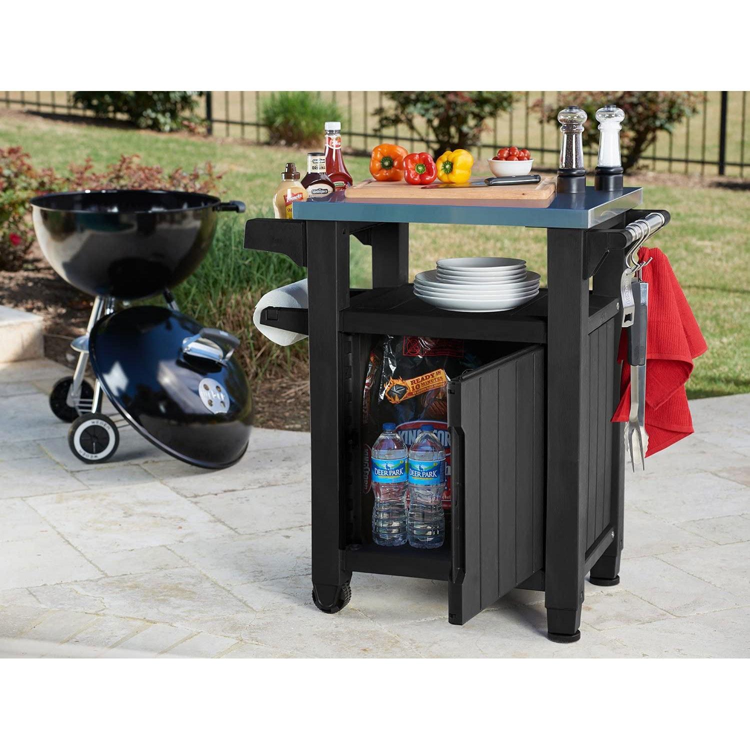 Keter Unity 40 Gal Patio Storage Grilling Bar Cart w/ Stainless Steel Top