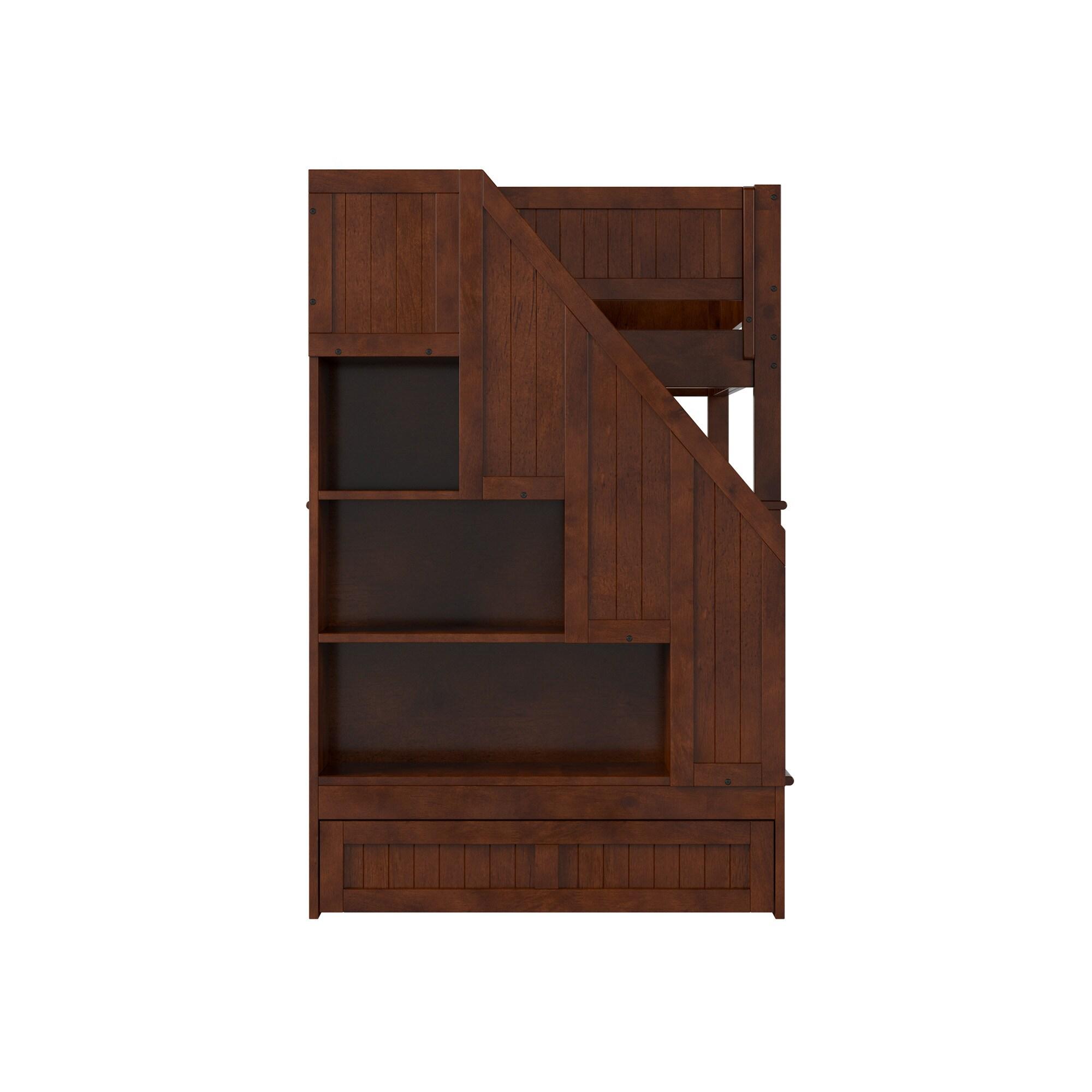 Walnut Twin Over Twin Bunk Bed with Storage Drawer and Trundle