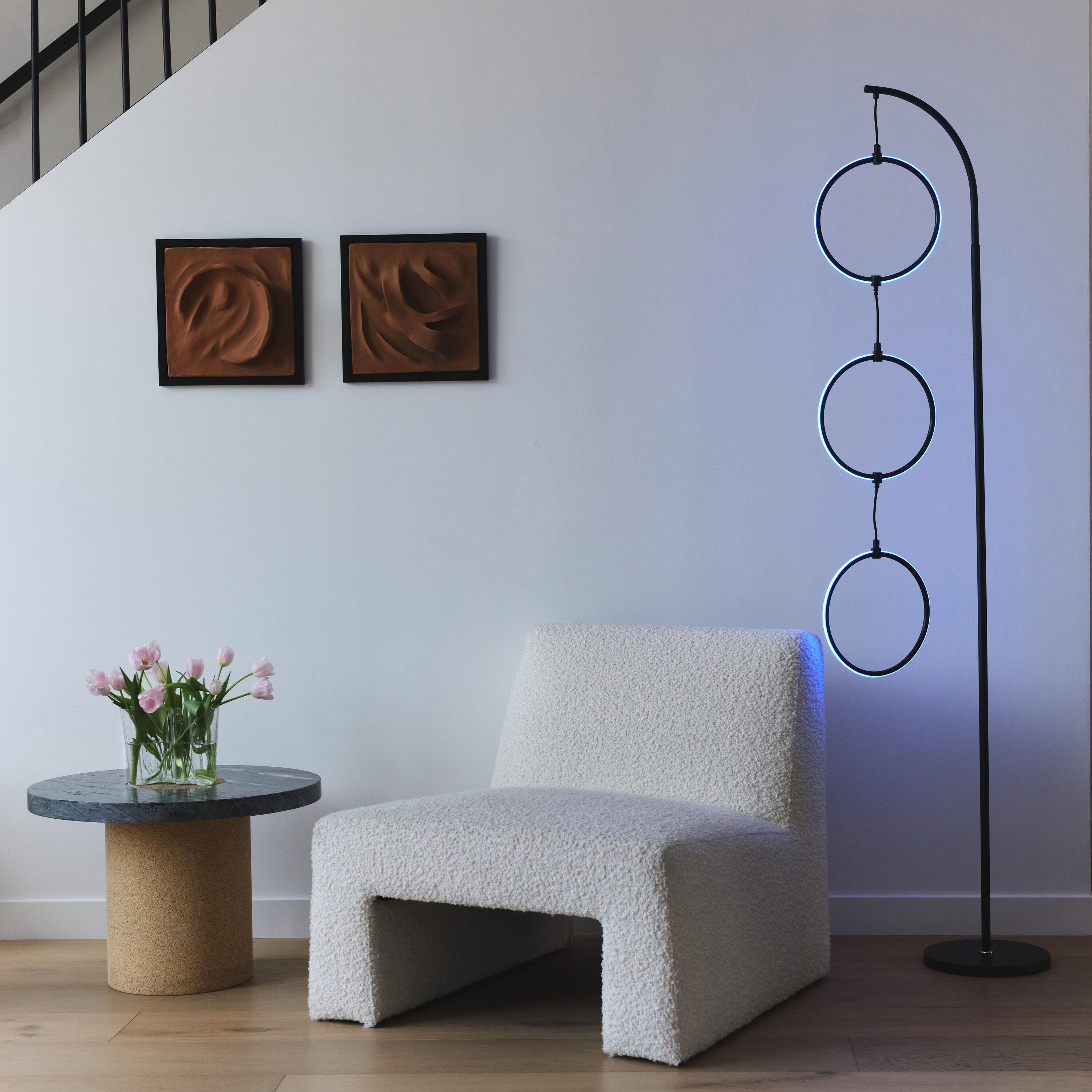 Brightech Nova 74 in. Novelty Industrial 3-Hanging Ring Light LED Standing Floor Lamp with Built-In Color Options