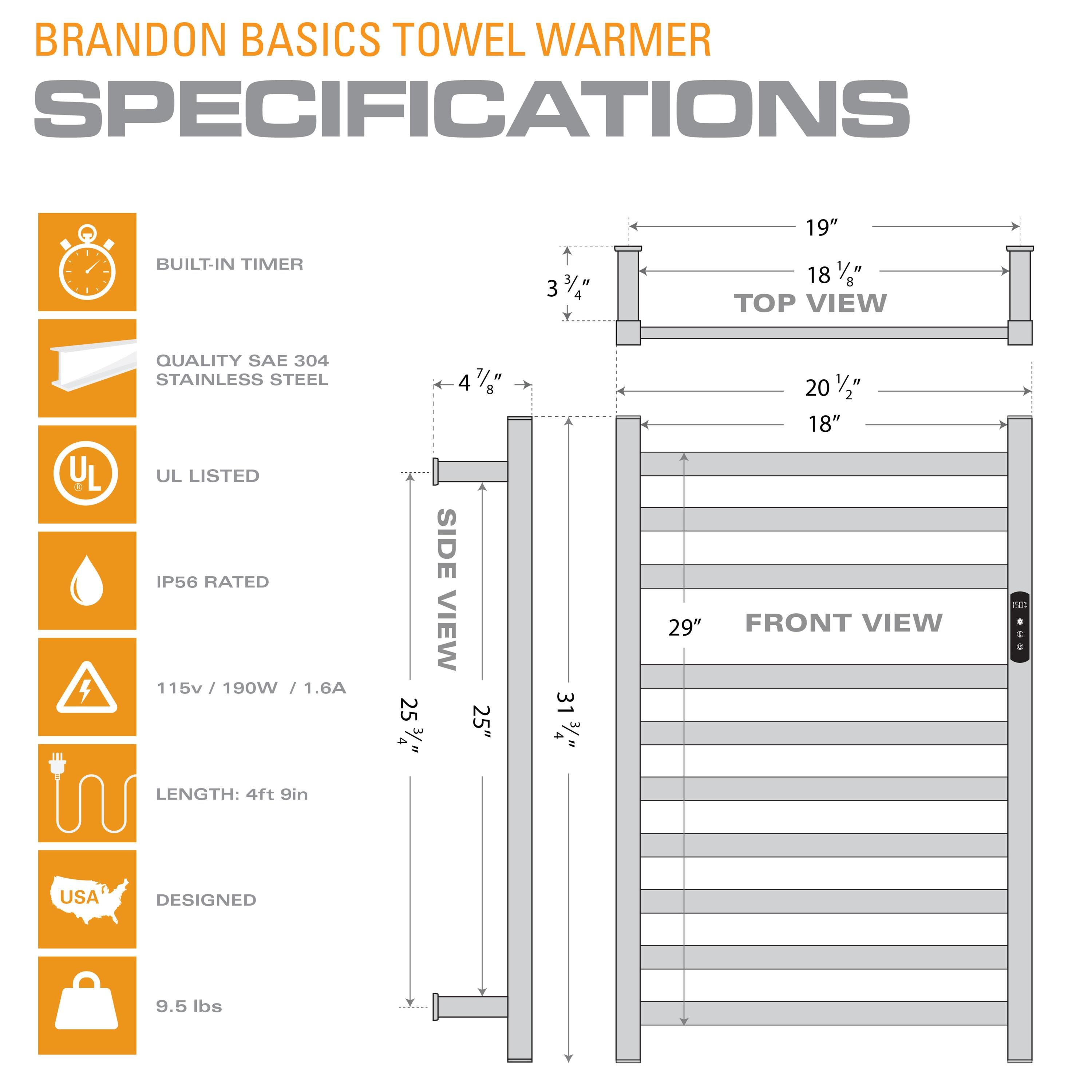 Brandon Basics Wall Mounted Electric Towel Warmer with Built-in Timer and Hardwired and Plug in Options, Stainless Steel - Polished
