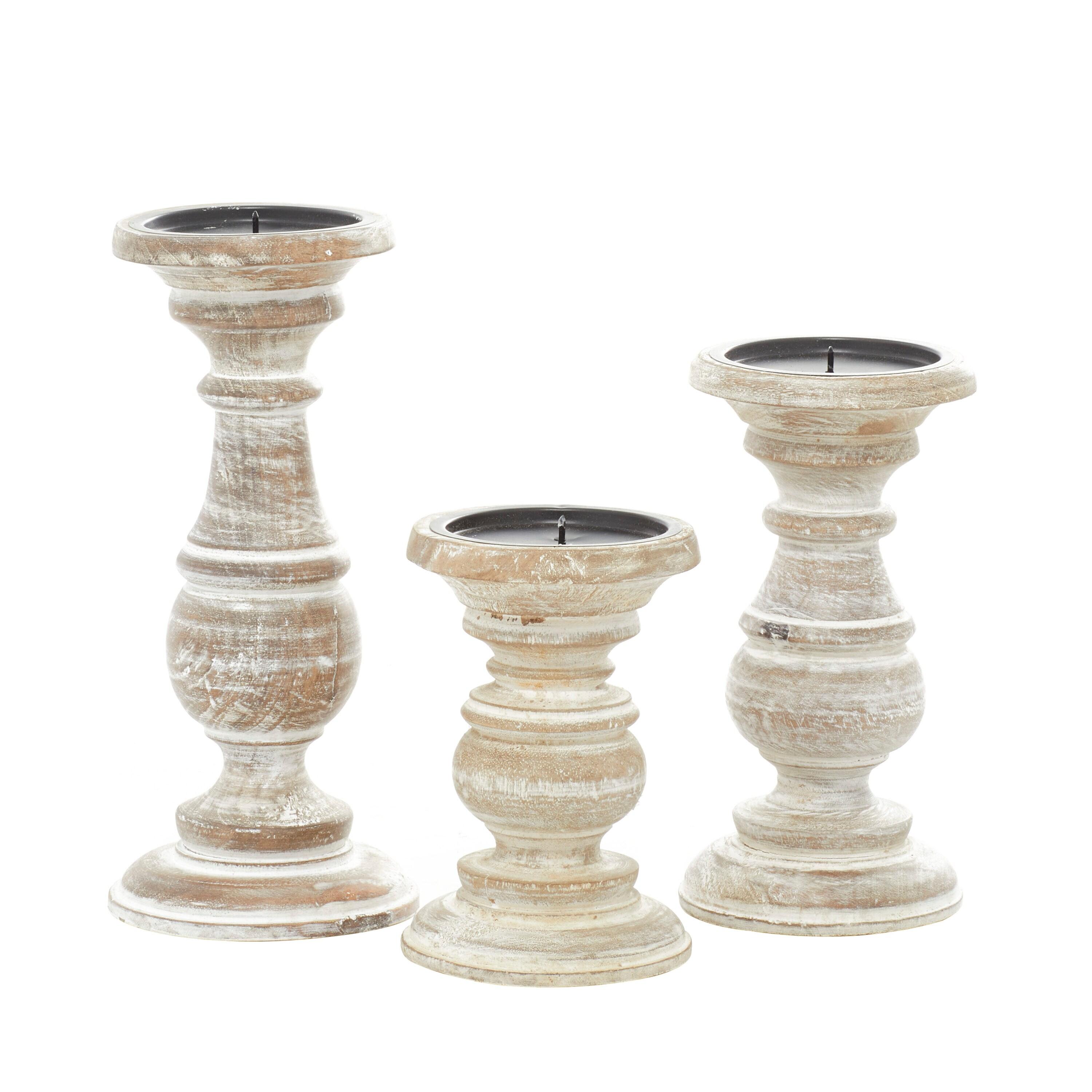 DecMode Traditional and Timeless Mango Wood Pillar Candle Holder Set of 3, 6", 8", 10"H, Cream Finish