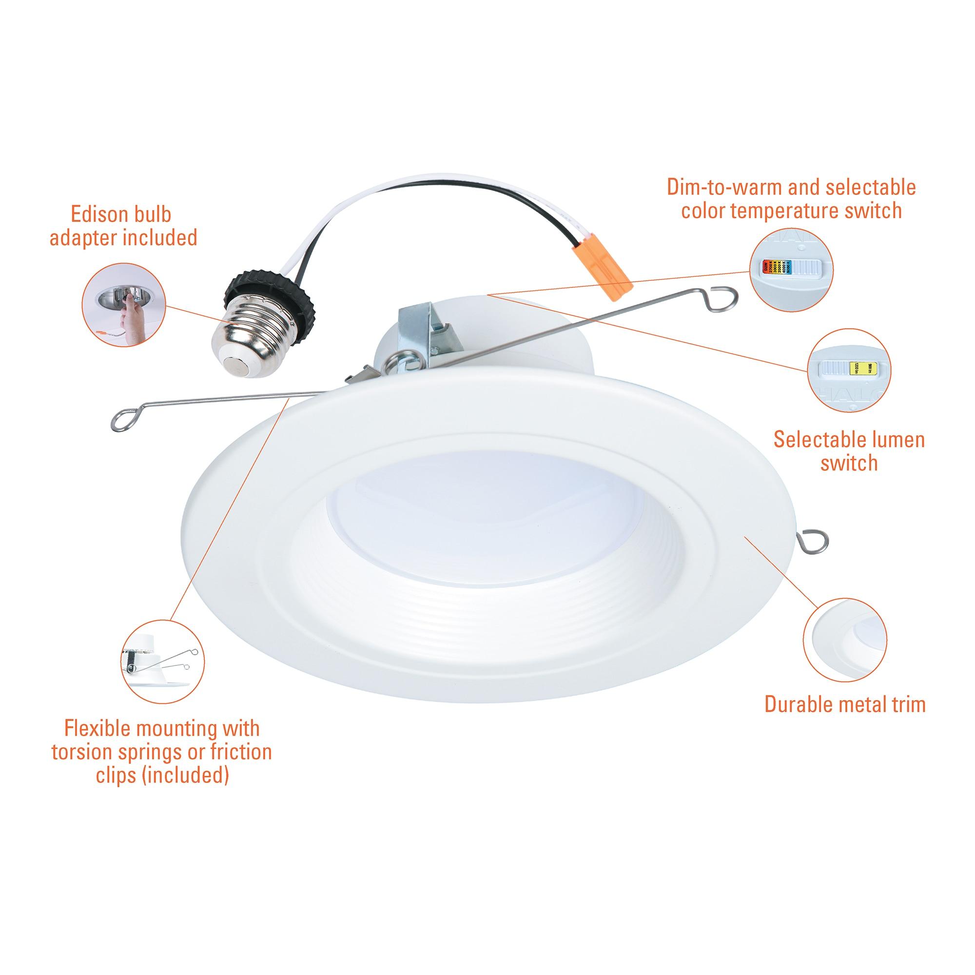 HALO RL Series 5/6 inch Recessed LED Retrofit Light, Selectable CCT 2700K-5000K Integrated LED, Dim to Warm, White Retrofit Baffle Trim, 600 Lumens