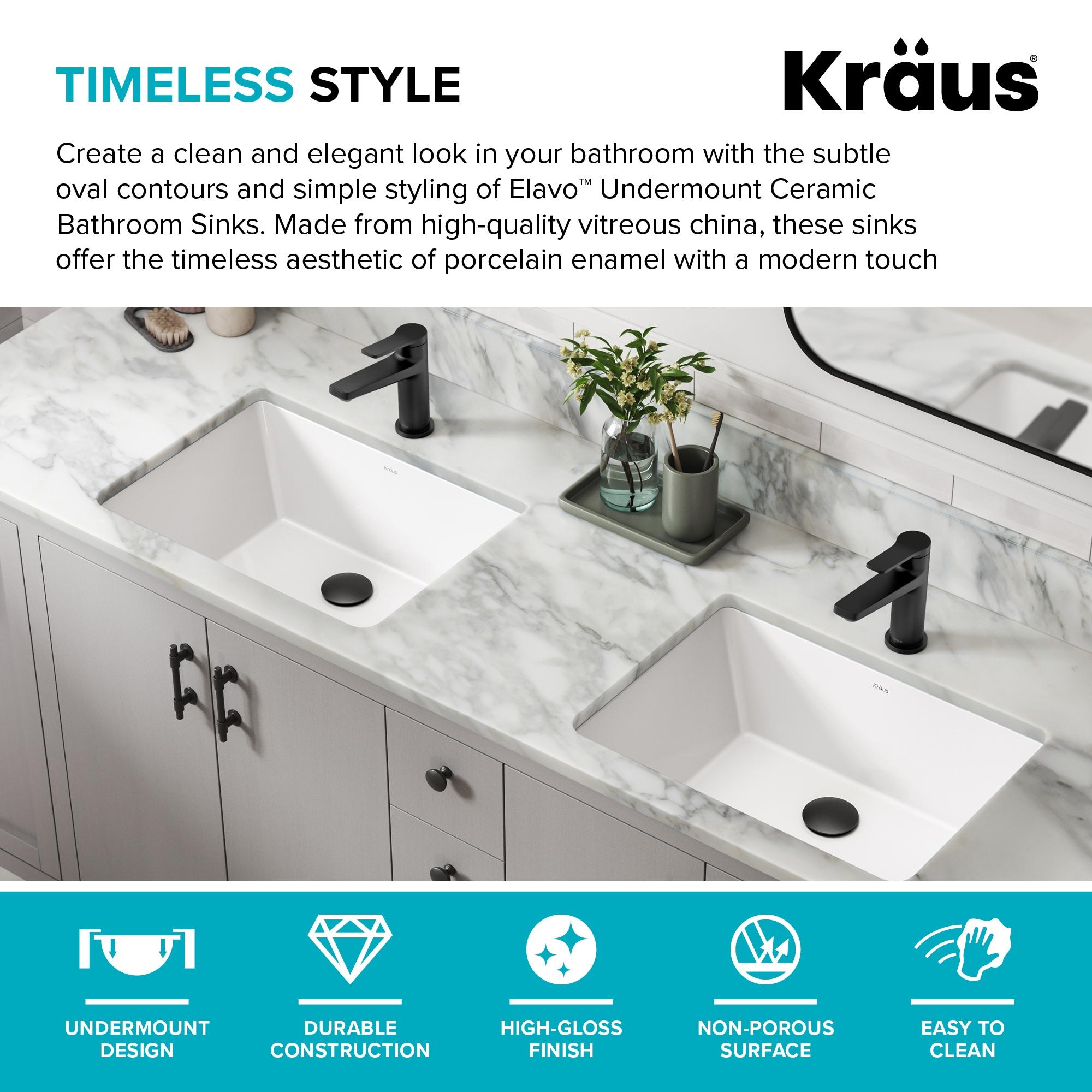 KRAUS Elavo. Rectangular Porcelain Ceramic Undermount Bathroom Sink In White With Overflow Drain, KCU-244