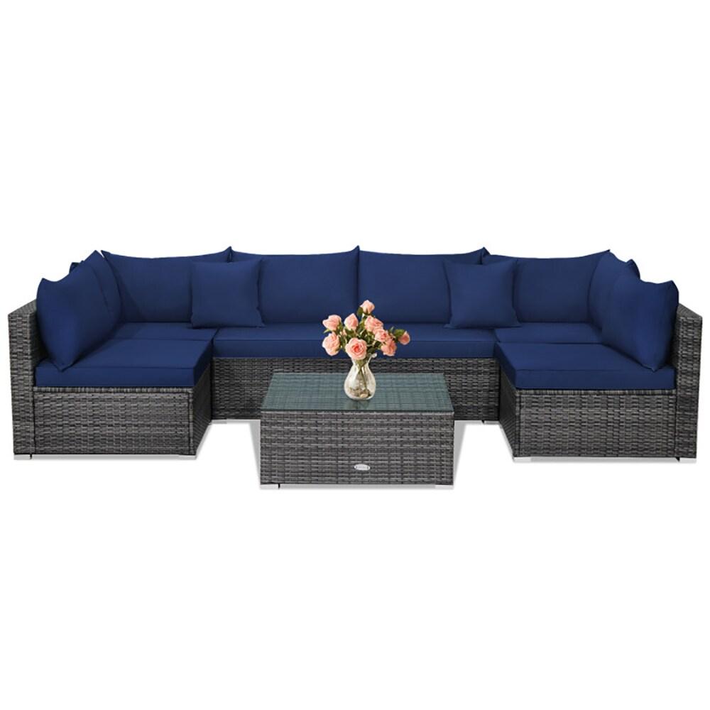 Costway 7PCS Patio Rattan Furniture Set Sectional Sofa Cushioned Garden Navy