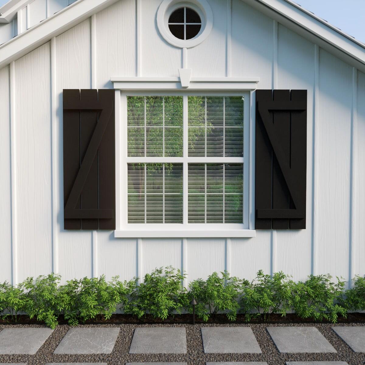 Ekena Millwork 17 1/2"W x 68"H Rustic Three Board Spaced Board-n-Batten Rough Cedar Faux Wood Shutters w/Z-Board (Per Pair), Primed Tan