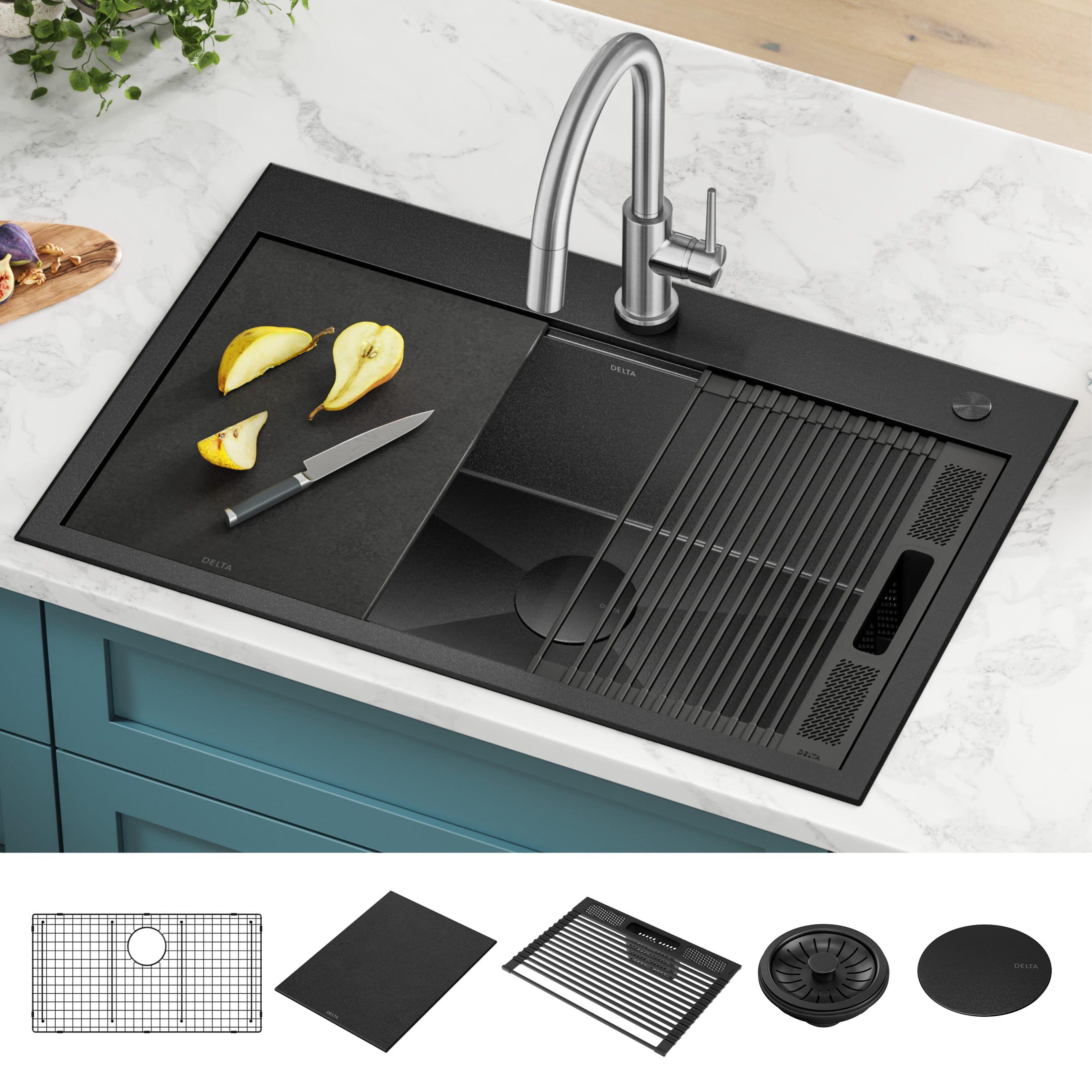 Delta Rivet™ Black Stainless Steel Drop-In Top Mount 16 Gauge Workstation Kitchen Sink Single Bowl