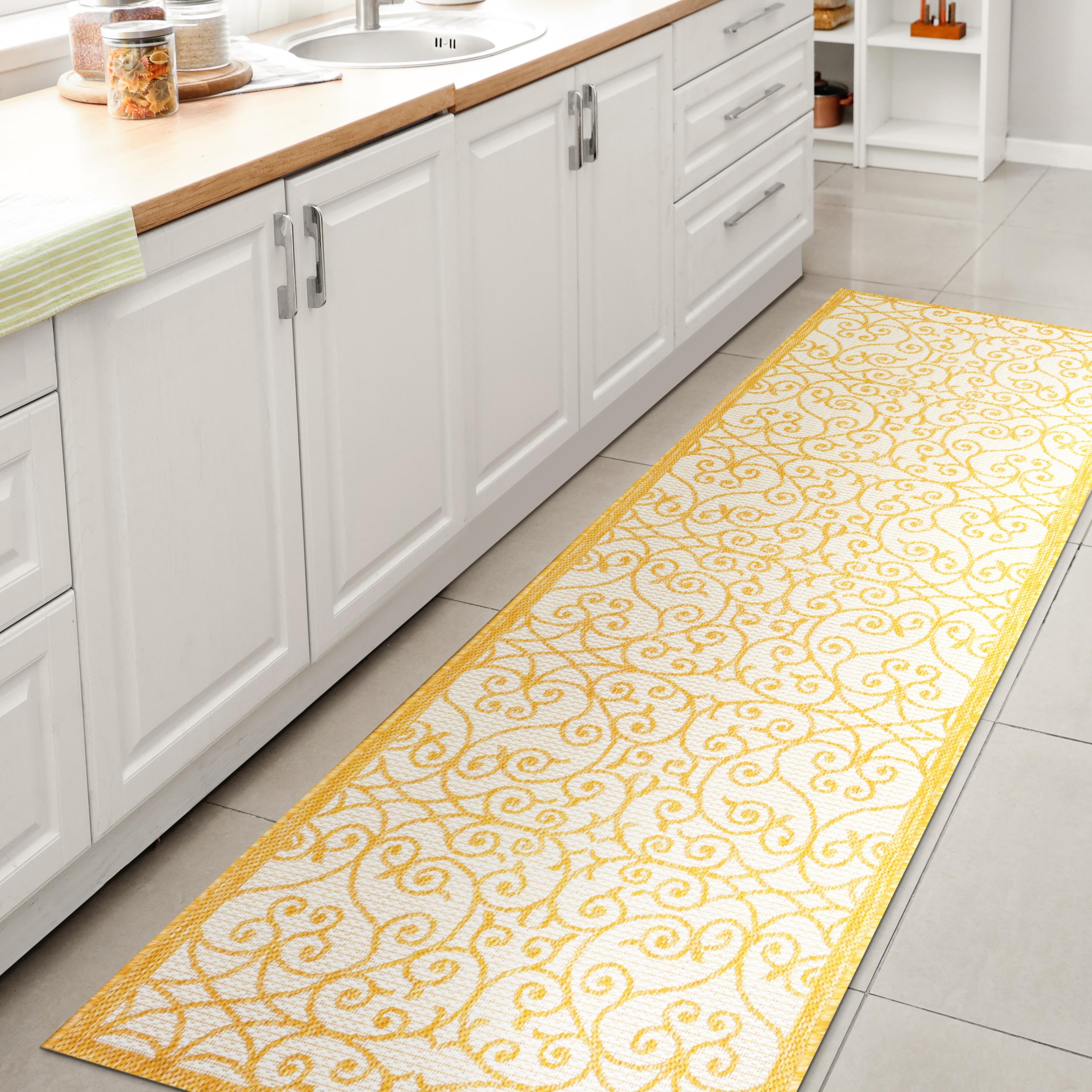 2' x 8' Madrid Vintage Filigree Textured Weave Indoor/Outdoor Runner Rug, Cream/Yellow - JONATHAN Y