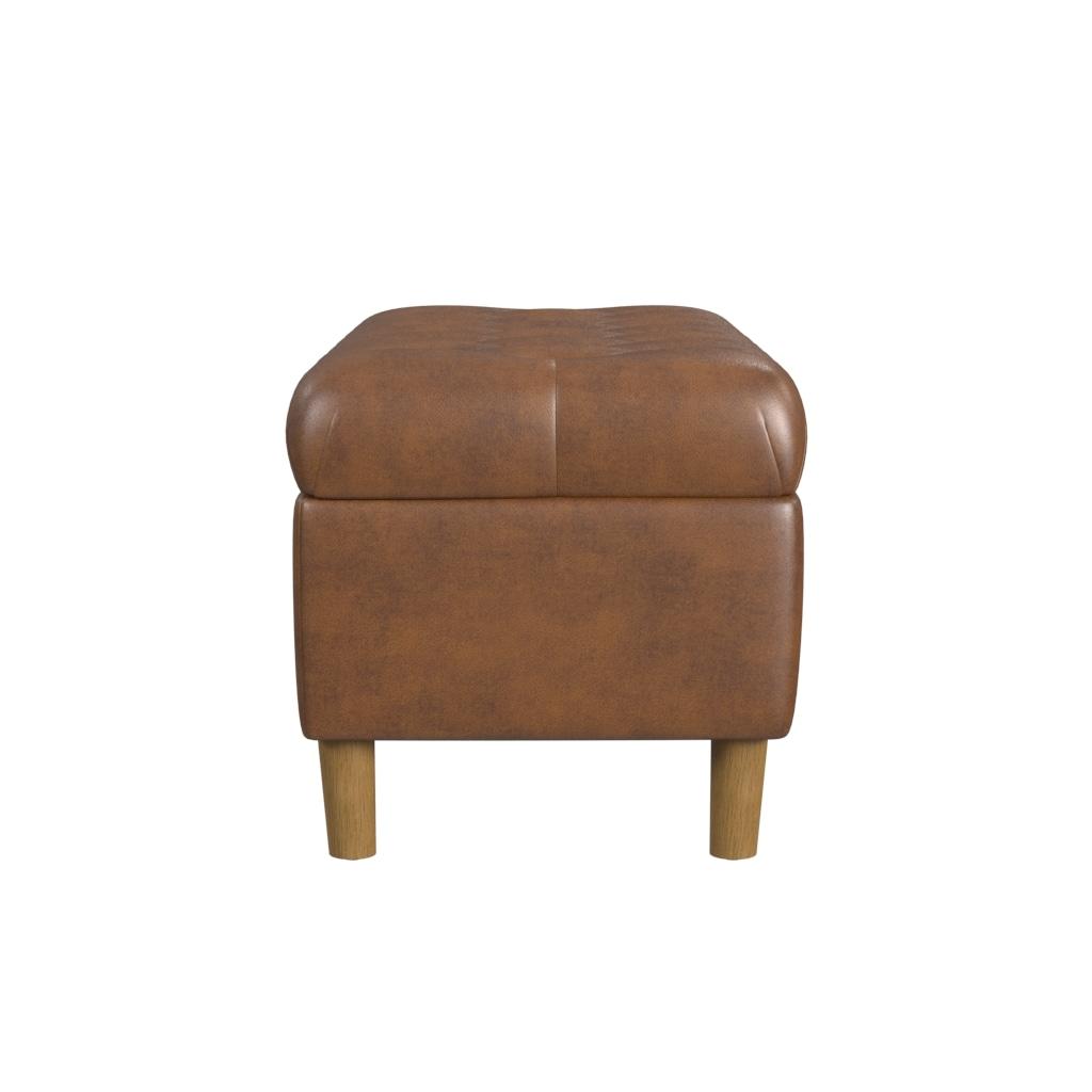Button Tufted Storage Bench with Cone Wood Legs Faux Leather Brown - HomePop: Hinged Lid, Easy Access