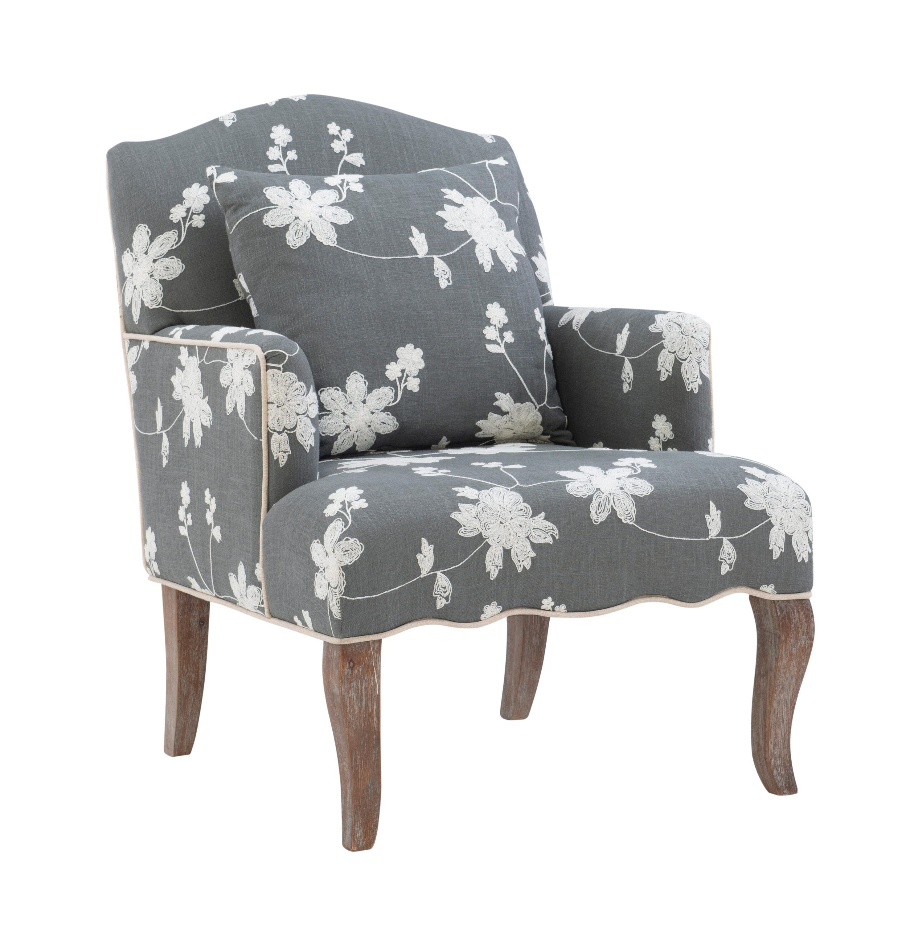 Traditional Floral Upholstered Embroidered Linen French Accent Armchair - Gray - Linon