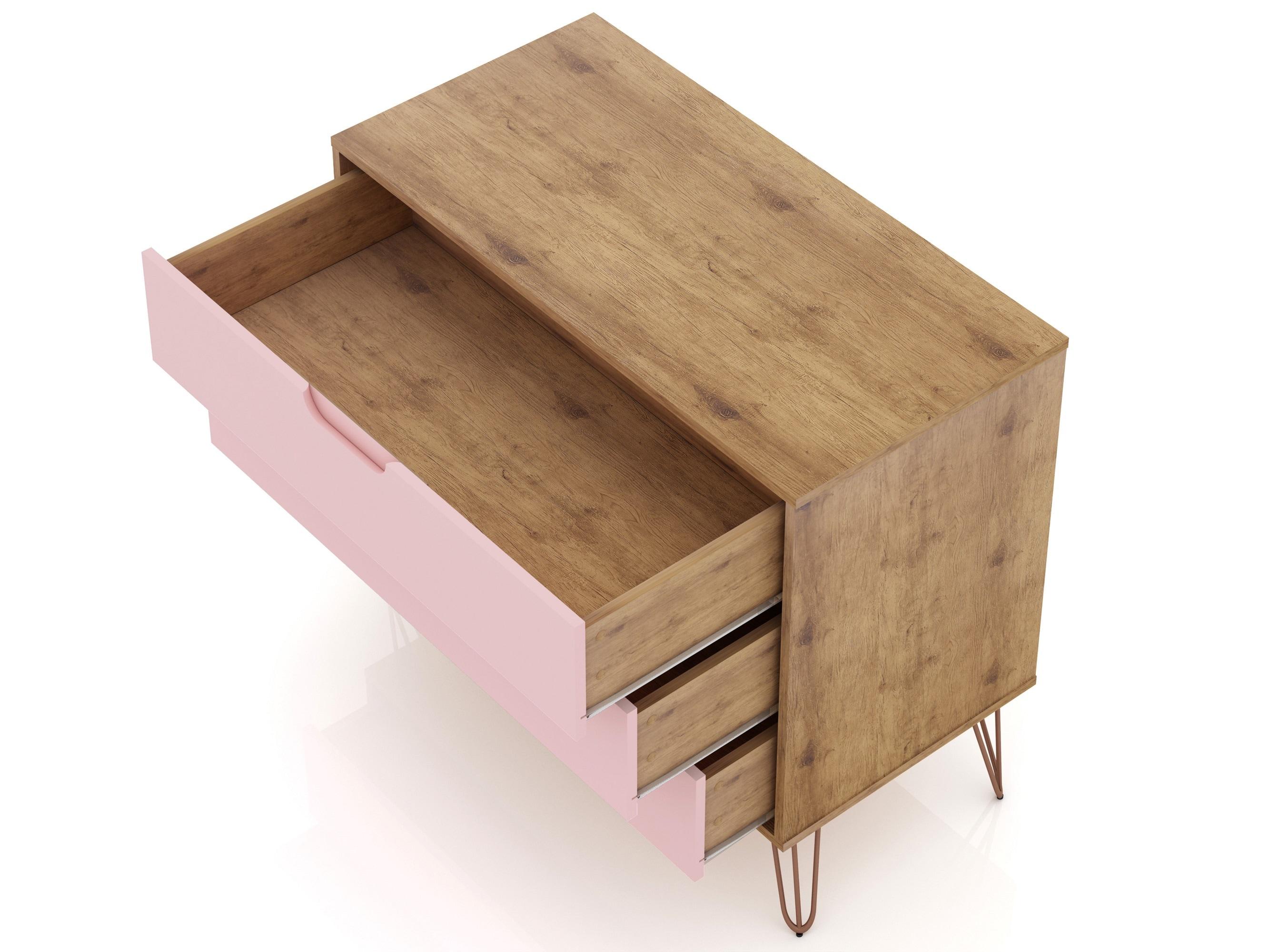 Set of 2 Rockefeller 3 Drawer Dresser Nature/Rose Pink - Manhattan Comfort: MDF Bedroom Storage, Easy-Glide, 6 Drawers