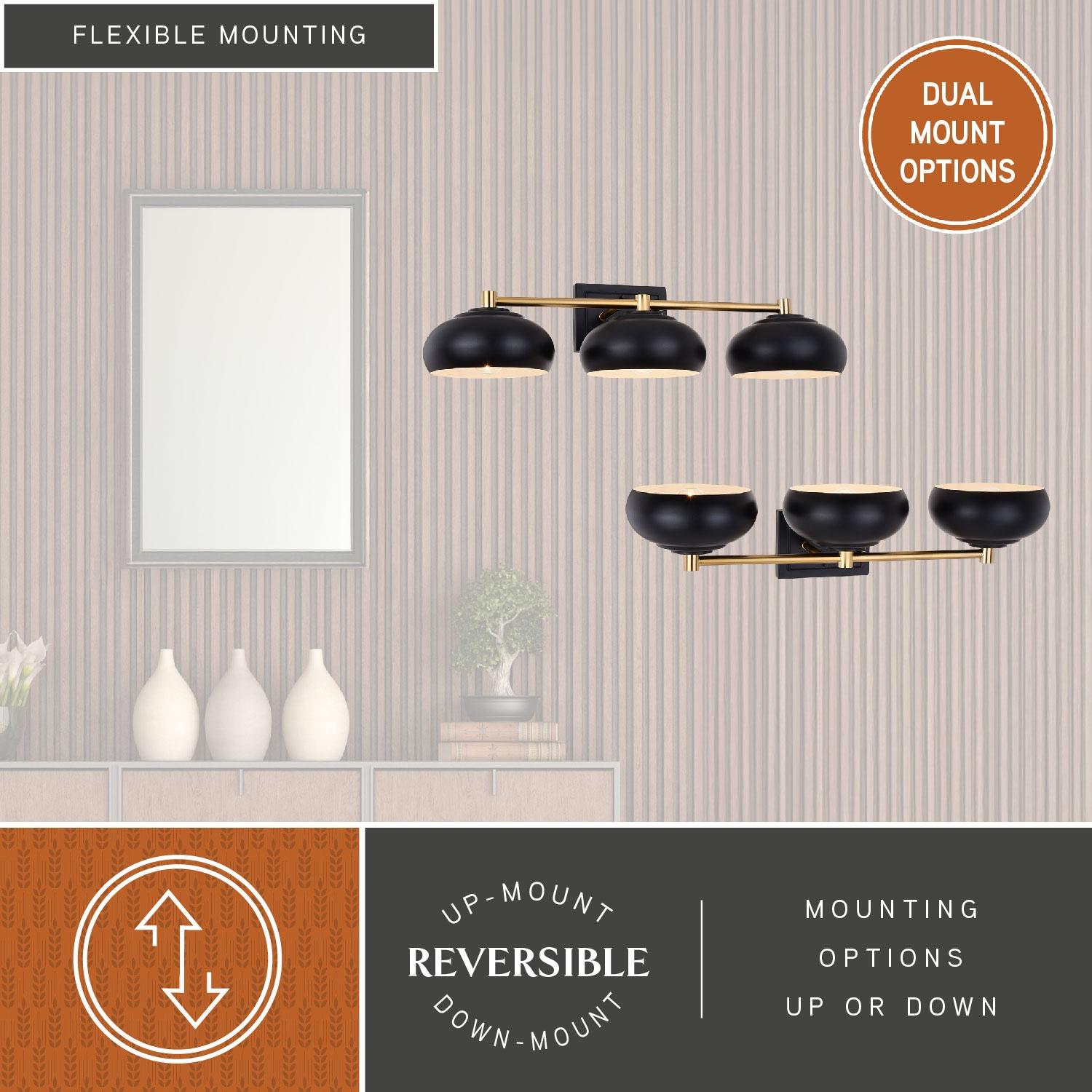 Belmont 3 Light Black and Brass Mid Century Modern Dome Bathroom Vanity Fixture