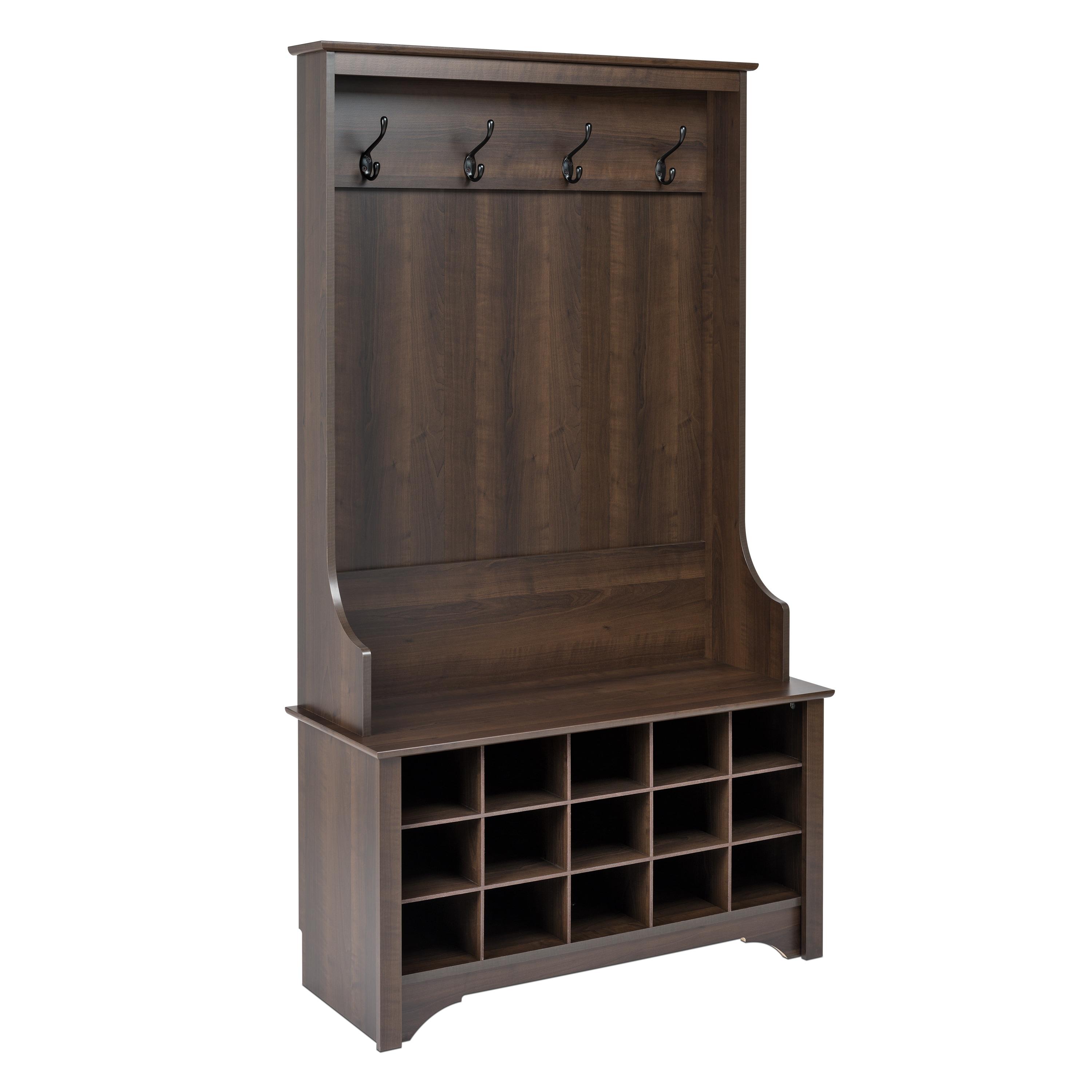 Prepac Hall Tree with Shoe Storage Espresso Brown: Entryway Organizer, 4 Metal Hooks, Wood Composite