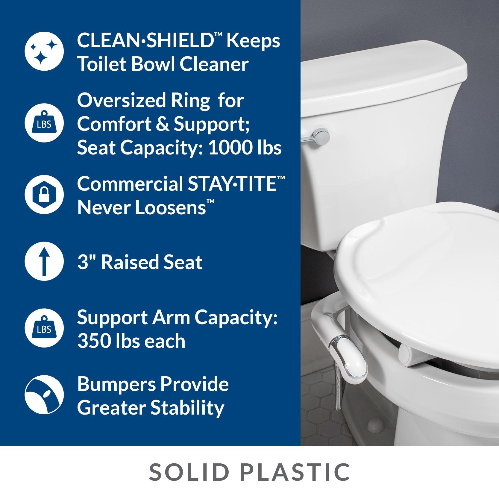 Bemis Assurance 3" Raised Toilet Seat with Handles and Bidet Attachment, Secure Hinges, Elongated, White 7YE85320H20 ARM