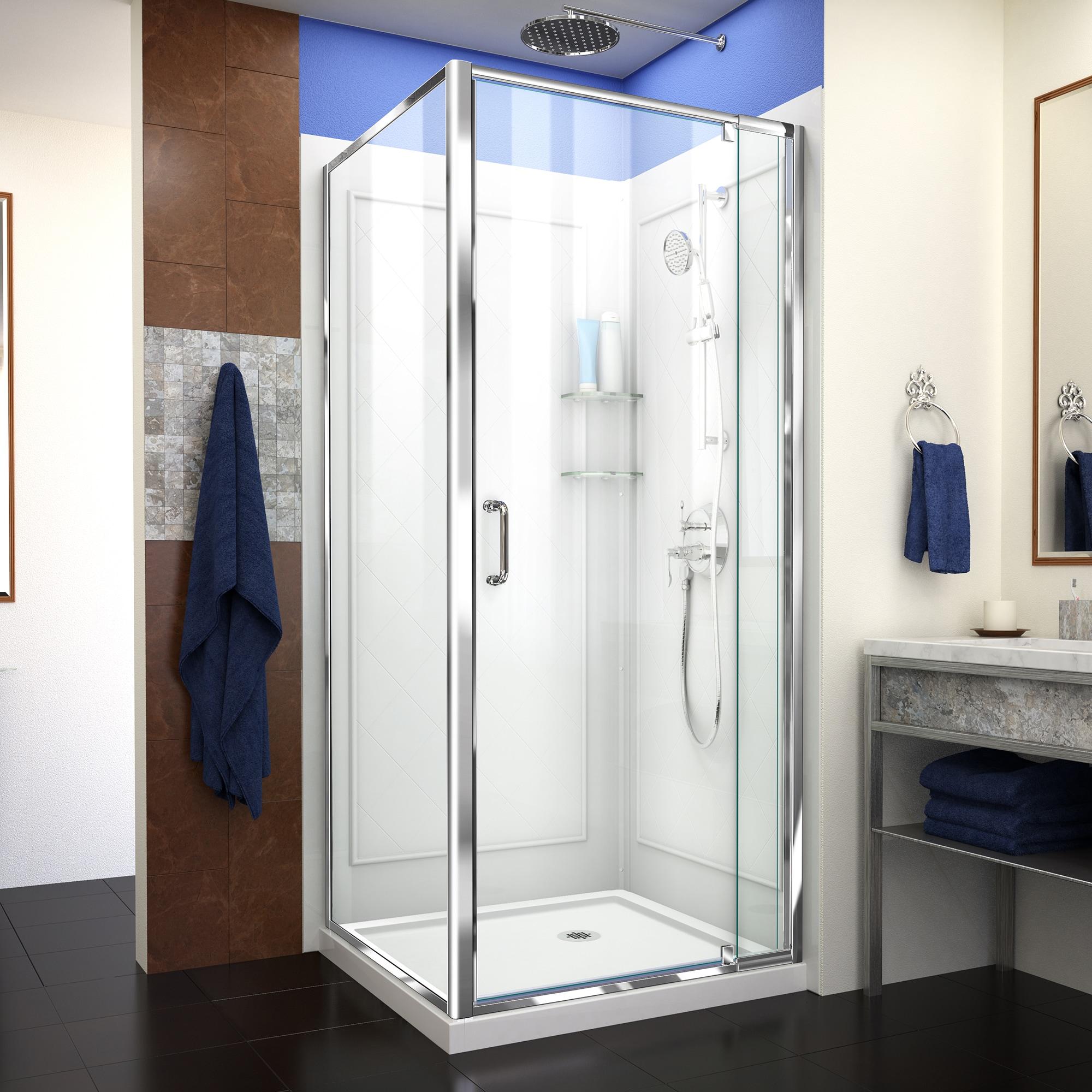 DreamLine Flex 32 in. D x 32 in. W x 76 3/4 in. H Semi-Frameless Shower Enclosure in Chrome with Corner Drain Base and Backwalls