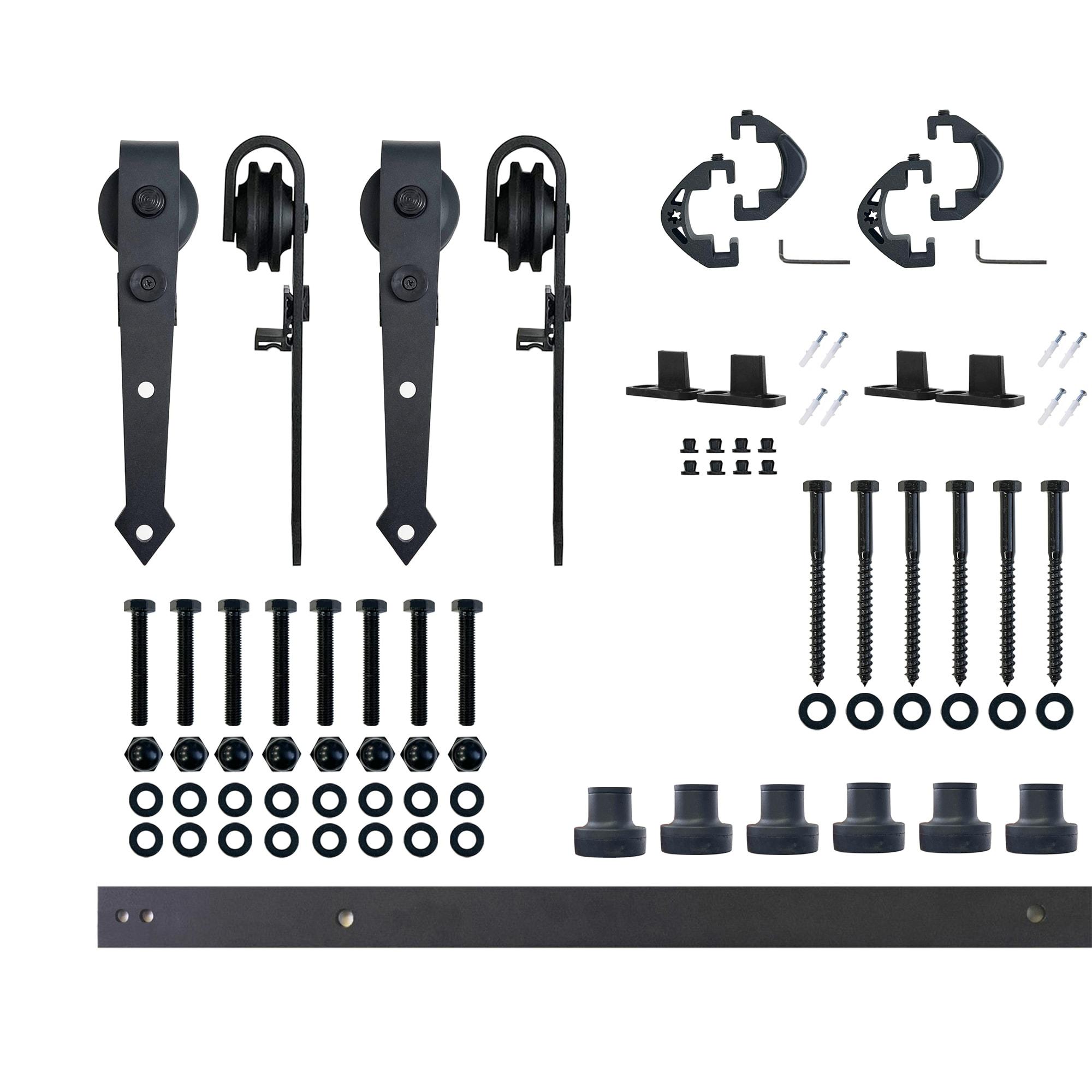 Homacer Black Rustic Sliding Barn Door Hardware Kit, for Two/Double Doors, 7.5ft Long Flat Track, Arrow Design Roller, Heavy Duty, for Interior & Exterior Use