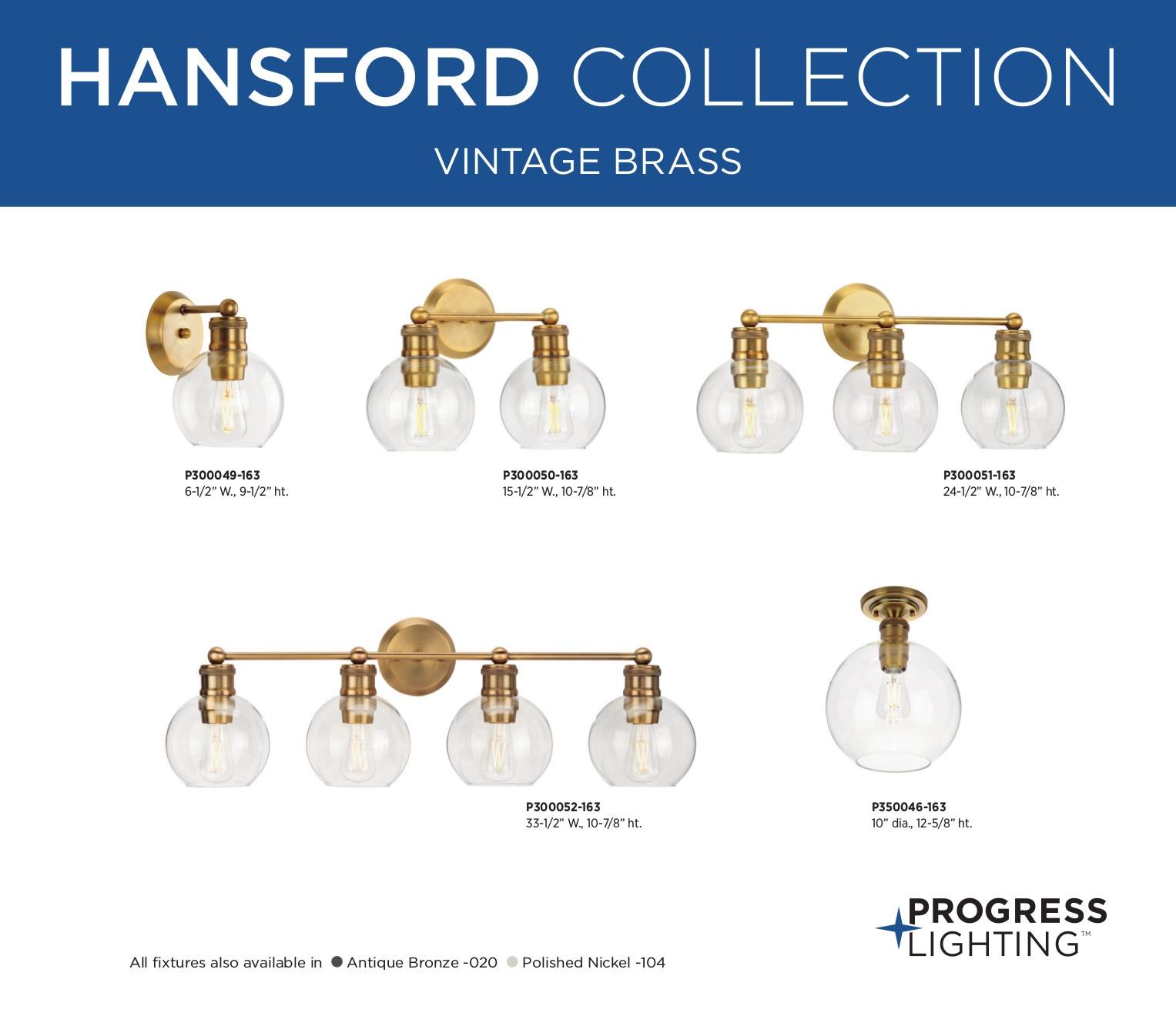 Progress Lighting, Hansford, 1-Light Flush Mount, Vintage Brass, Clear Globe Shade