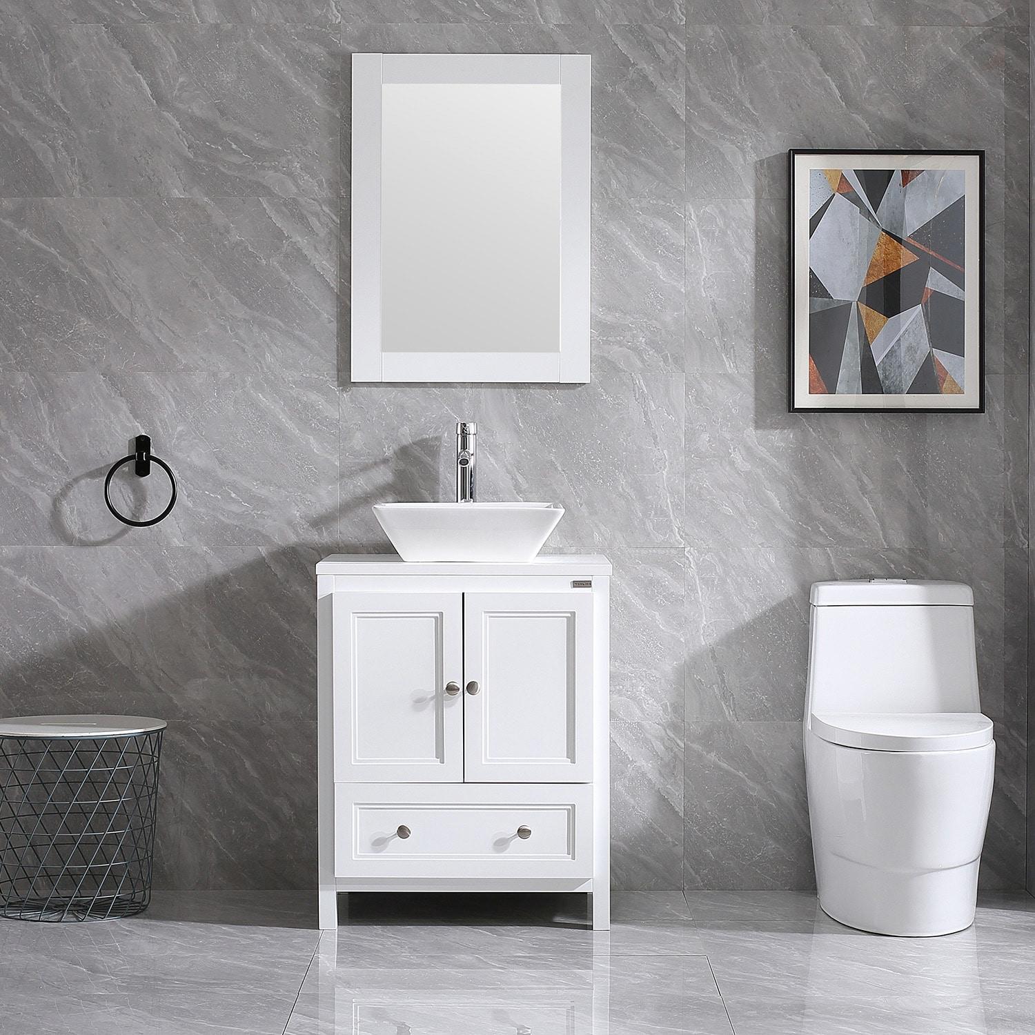 24 Inch Bathroom Vanity with Sink, Single Sink Bathroom Vanity, Modern Small Bathroom Vanity Cabinet with Mirror Sink Drain Faucet Set, White