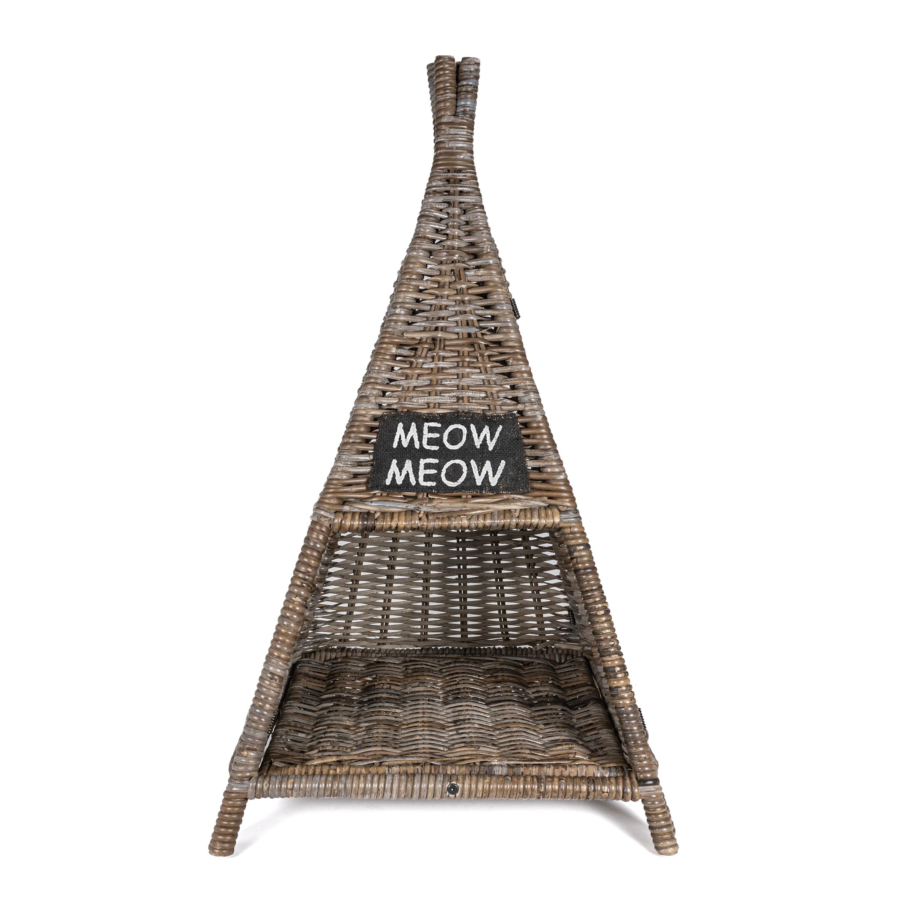 Tiki Tent 20" x 20" Coastal Handwoven Rattan Cat Bed with Machine-Washable Cushion, Kubu Gray