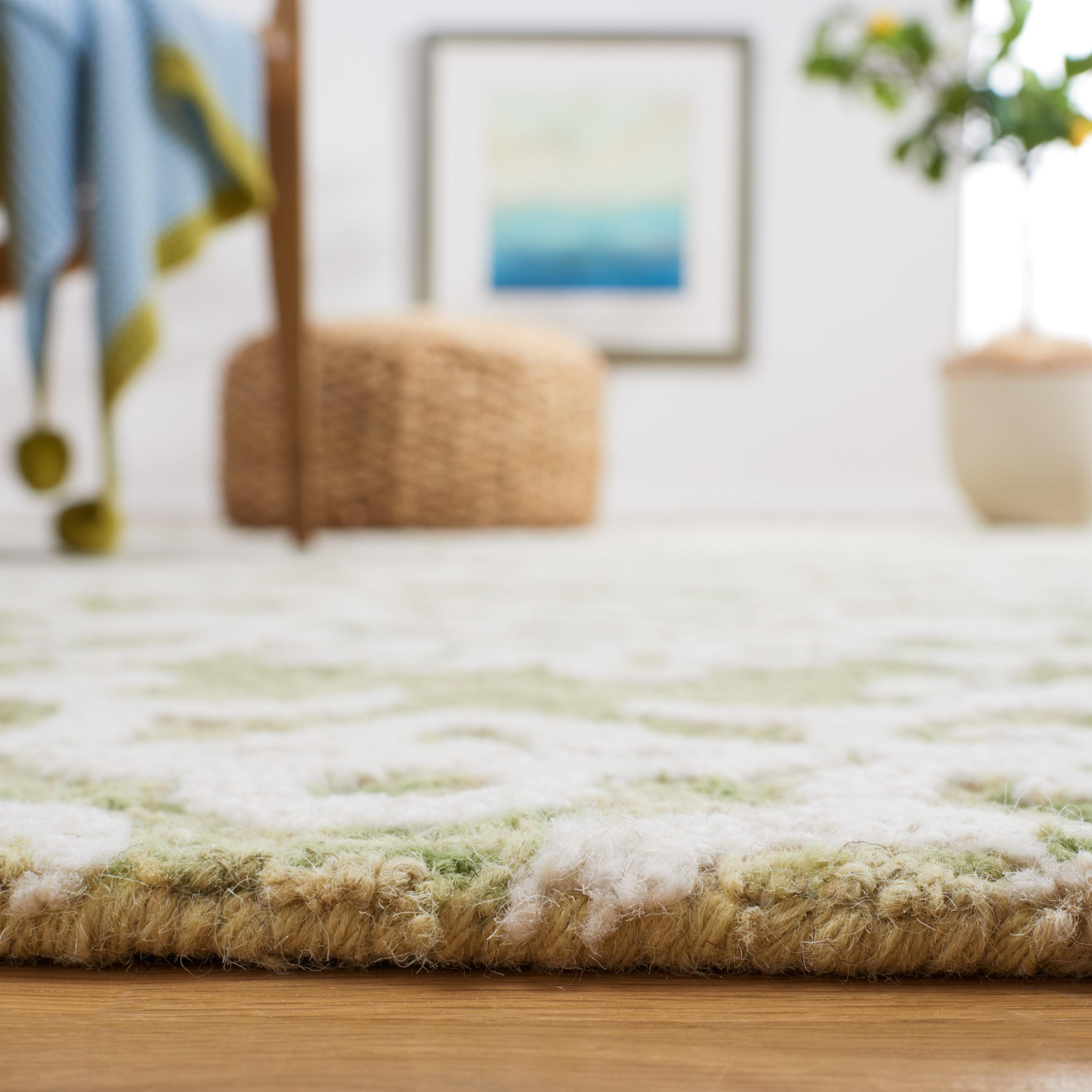 Light Green and Ivory Floral Wool 9' x 12' Handmade Tufted Area Rug